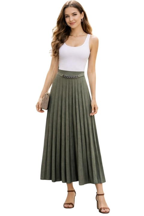 Zincir Takma Kemer Detaylı Piliseli Etek - Haki