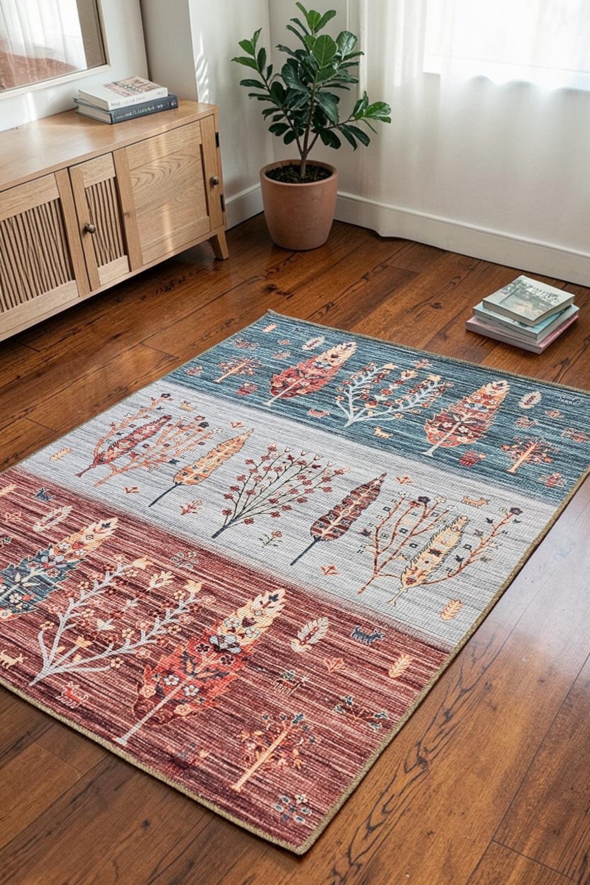 Alpin Home New Age Yıkanabilir Etnik Figürlü Bordo Gri Turkuaz Renk Dokuma Taban Kaymaz Kilim 