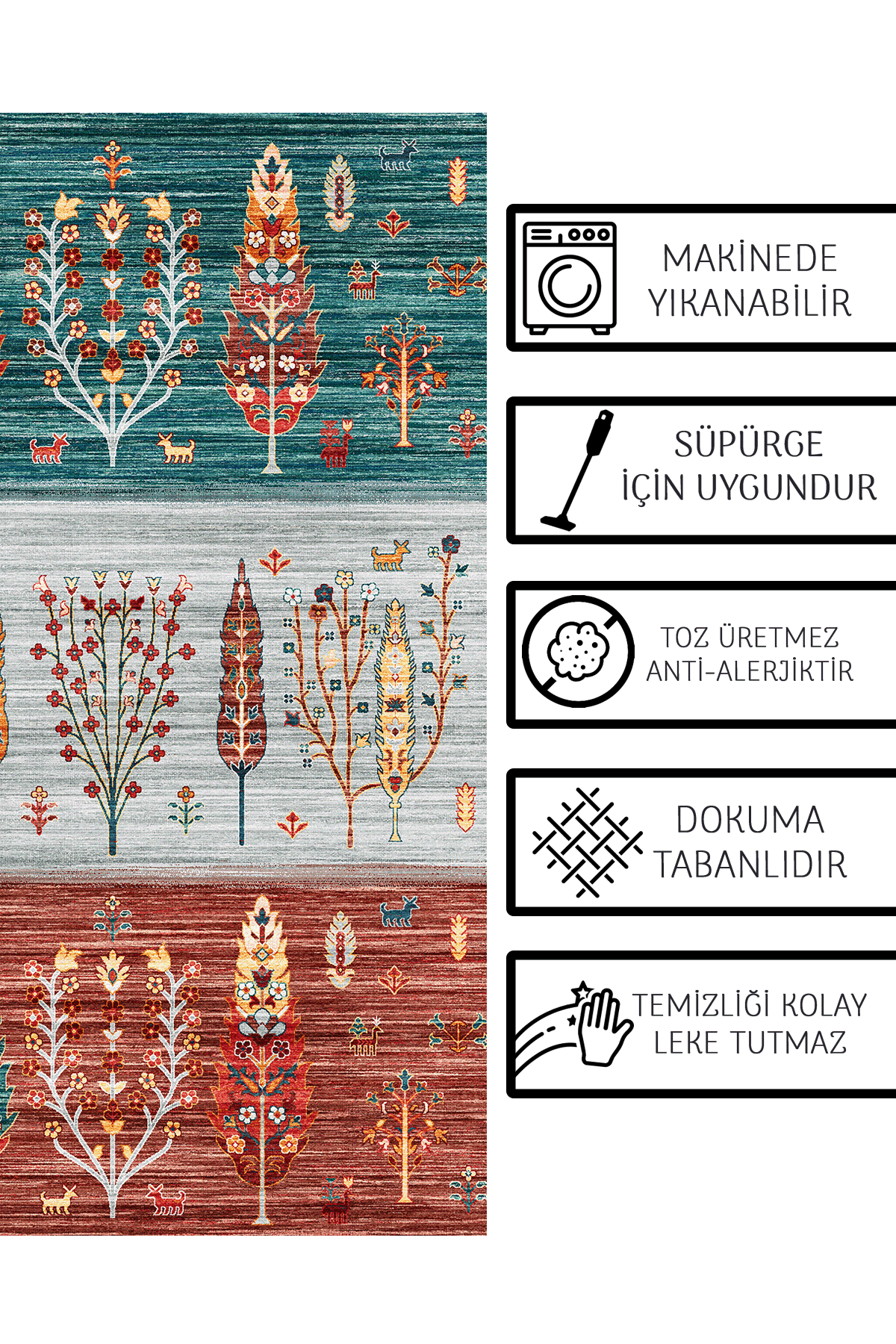 Alpin Home New Age Yıkanabilir Etnik Figürlü Bordo Gri Turkuaz Renk Dokuma Taban Kaymaz Kilim 