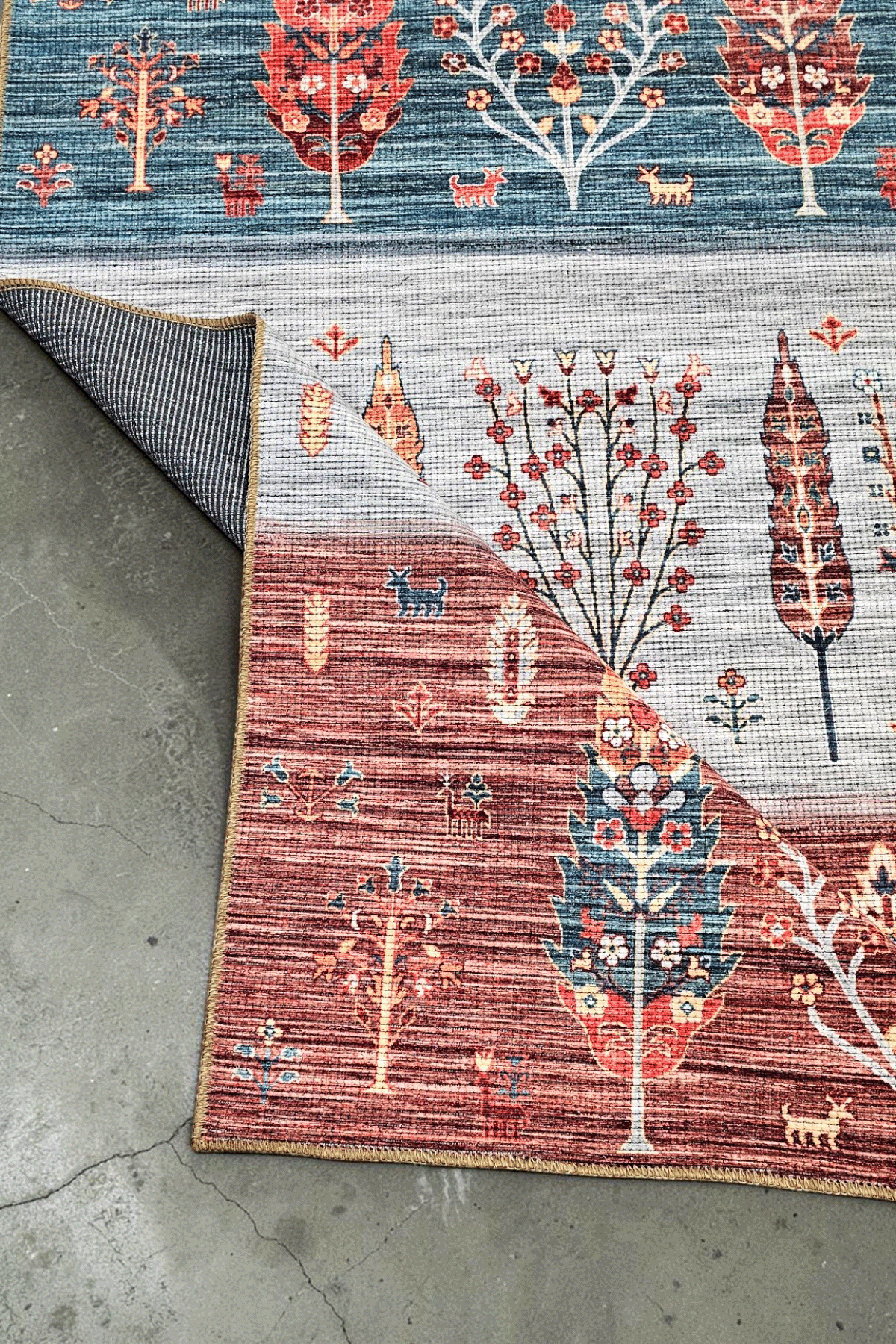 Alpin Home New Age Yıkanabilir Etnik Figürlü Bordo Gri Turkuaz Renk Dokuma Taban Kaymaz Kilim 
