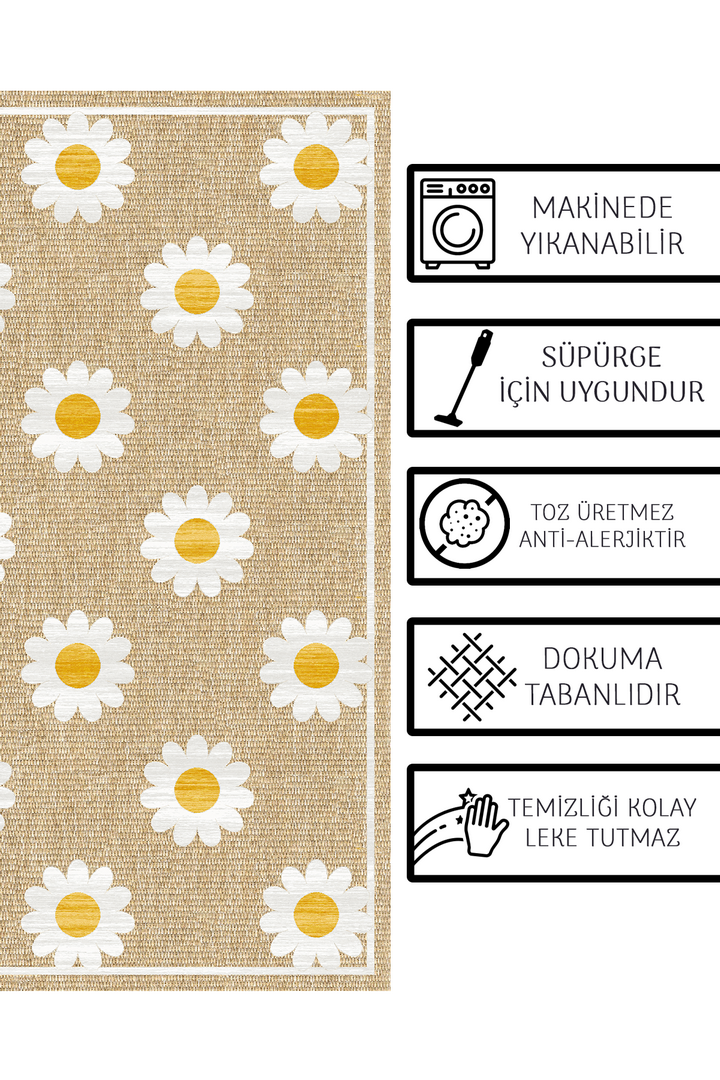 Alpina Home Enjoy Yıkanabilir Papatya Desenli Salon Mutfak Balkon Dokuma Tabanlı Kilim
