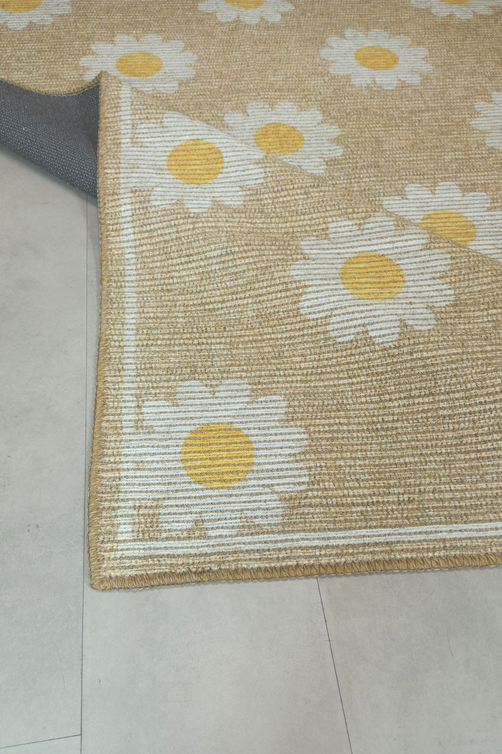 Alpina Home Enjoy Yıkanabilir Papatya Desenli Salon Mutfak Balkon Dokuma Tabanlı Kilim