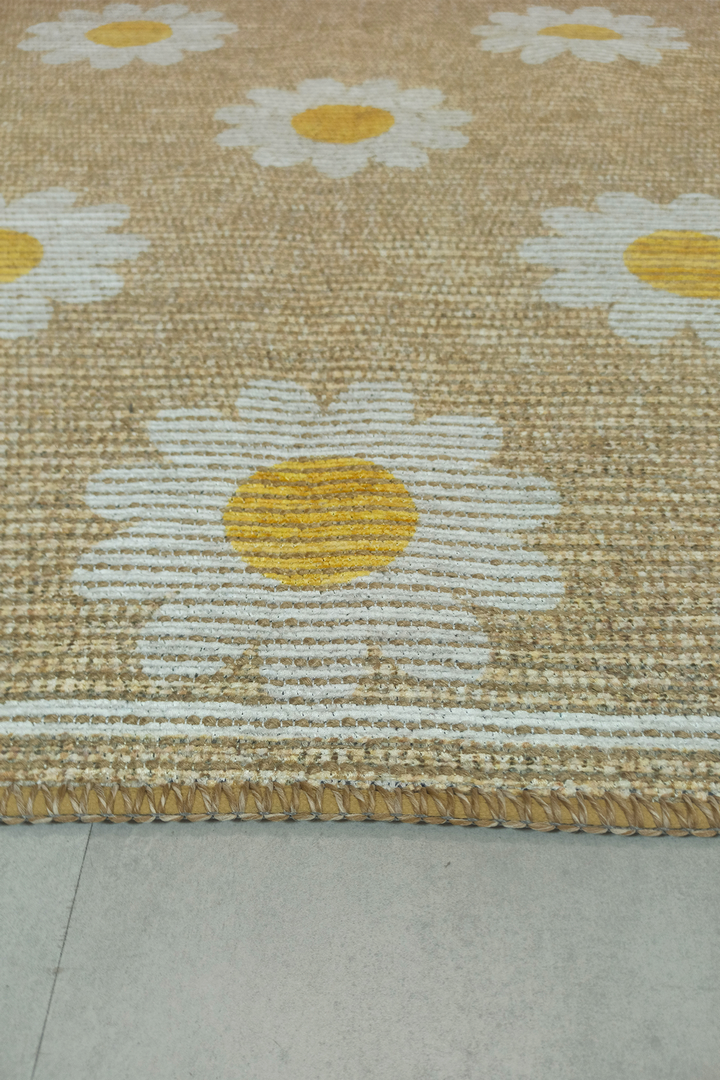 Alpina Home Enjoy Yıkanabilir Papatya Desenli Salon Mutfak Balkon Dokuma Tabanlı Kilim