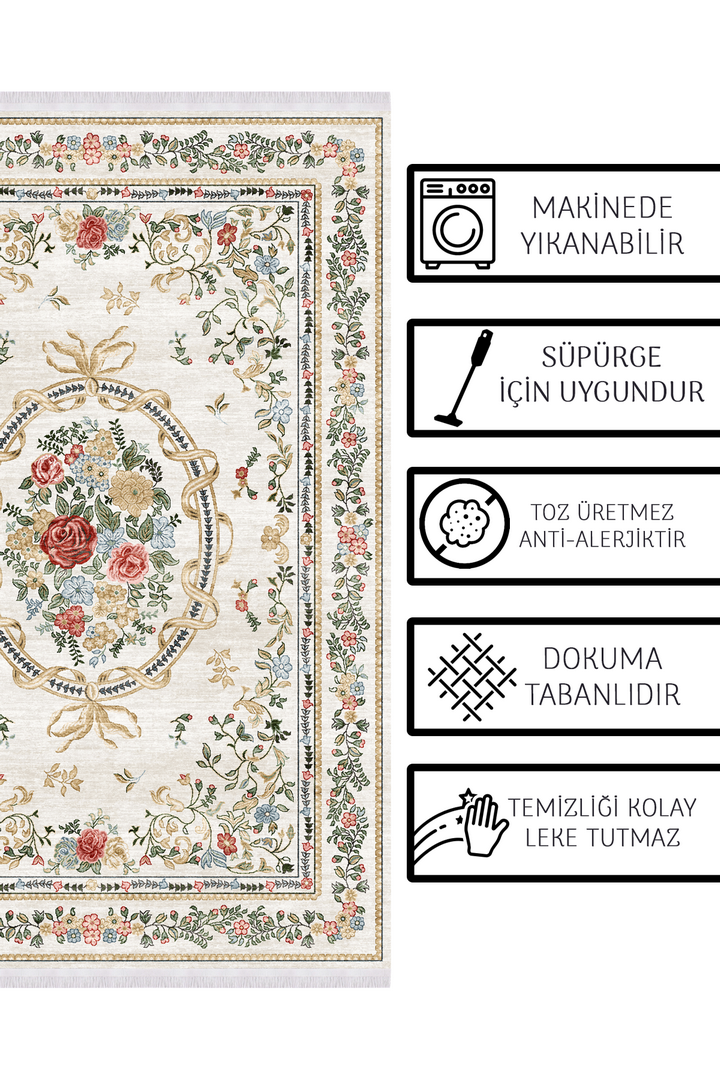 Alpina Home Lavin Gül Figürlü Yıkanabilir Dokuma Taban Salon Mutfak Balkon Çocuk Oturma Odası Kilimi