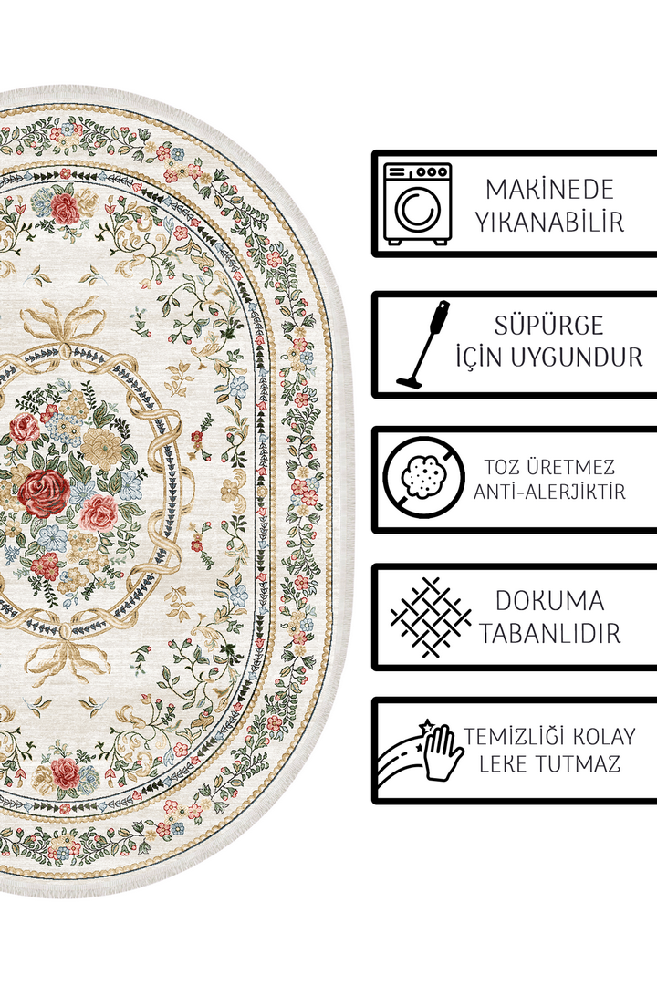 Alpina Home Lavin Oval Gül Figürlü Yıkanabilir Dokuma Taban Salon Mutfak Balkon Oturma Odası Kilimi