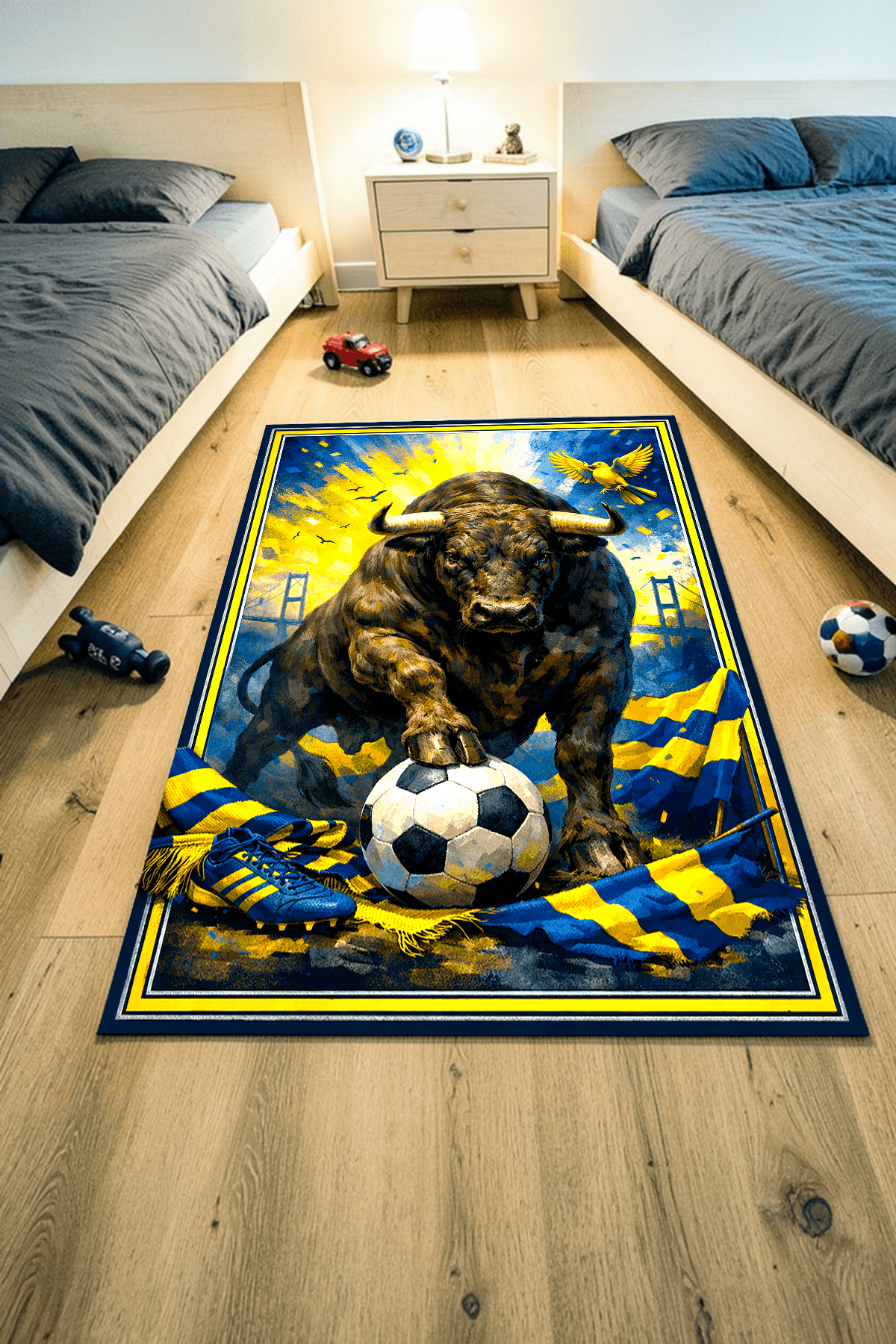 Alpina Home Lavin Sarı Lacivert Boğa ve Kanarya Figürlü Dokuma Taban Kilim Ev ve Çocuk Odası Kilimi