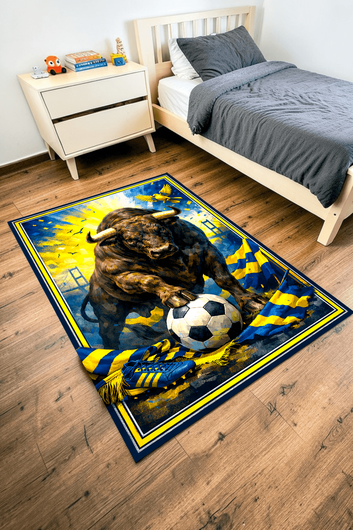 Alpina Home Lavin Sarı Lacivert Boğa ve Kanarya Figürlü Dokuma Taban Kilim Ev ve Çocuk Odası Kilimi