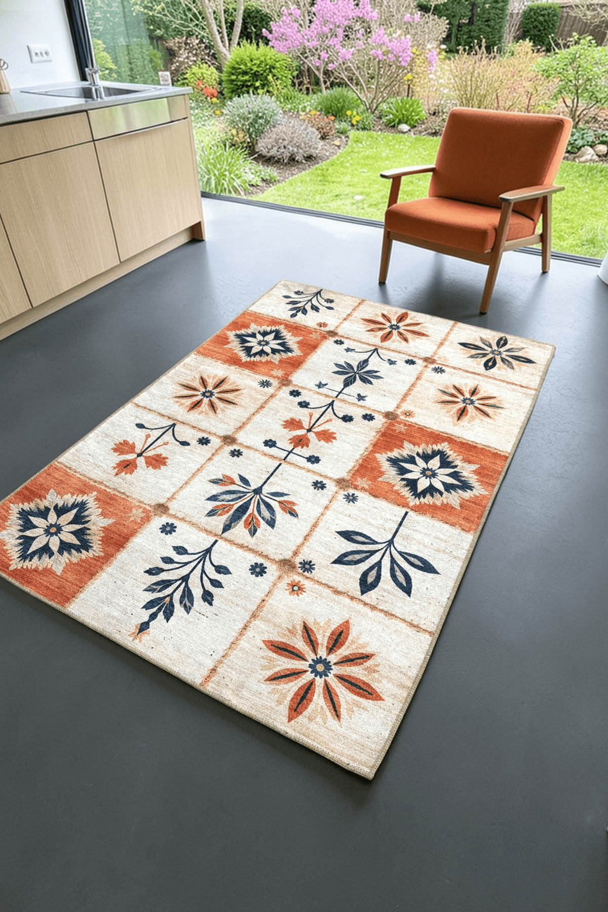 Alpina Home Lavin Turuncu Krem Çiçek Figürlü Kilim Dokuma Taban, Saçaksız Overlok, Antialerjik