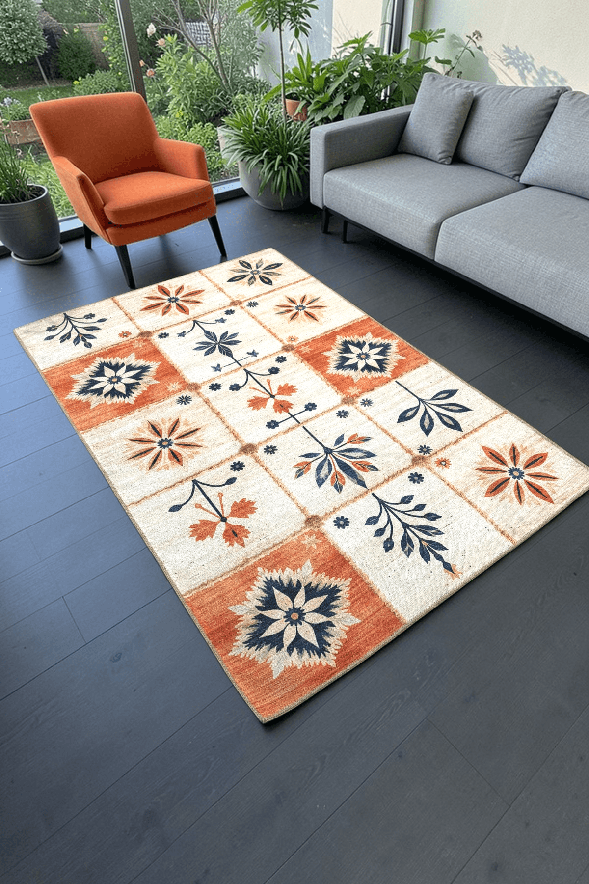 Alpina Home Lavin Turuncu Krem Çiçek Figürlü Kilim Dokuma Taban, Saçaksız Overlok, Antialerjik
