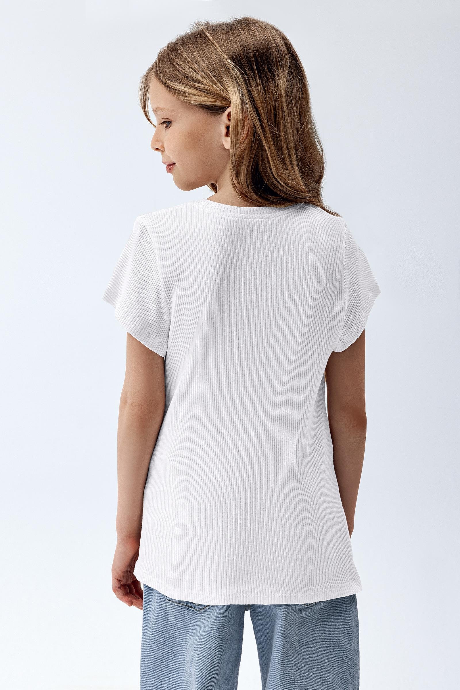 Brix Beyaz Renk  Kız Çocuk Fitilli Kısa Kollu T-Shirt