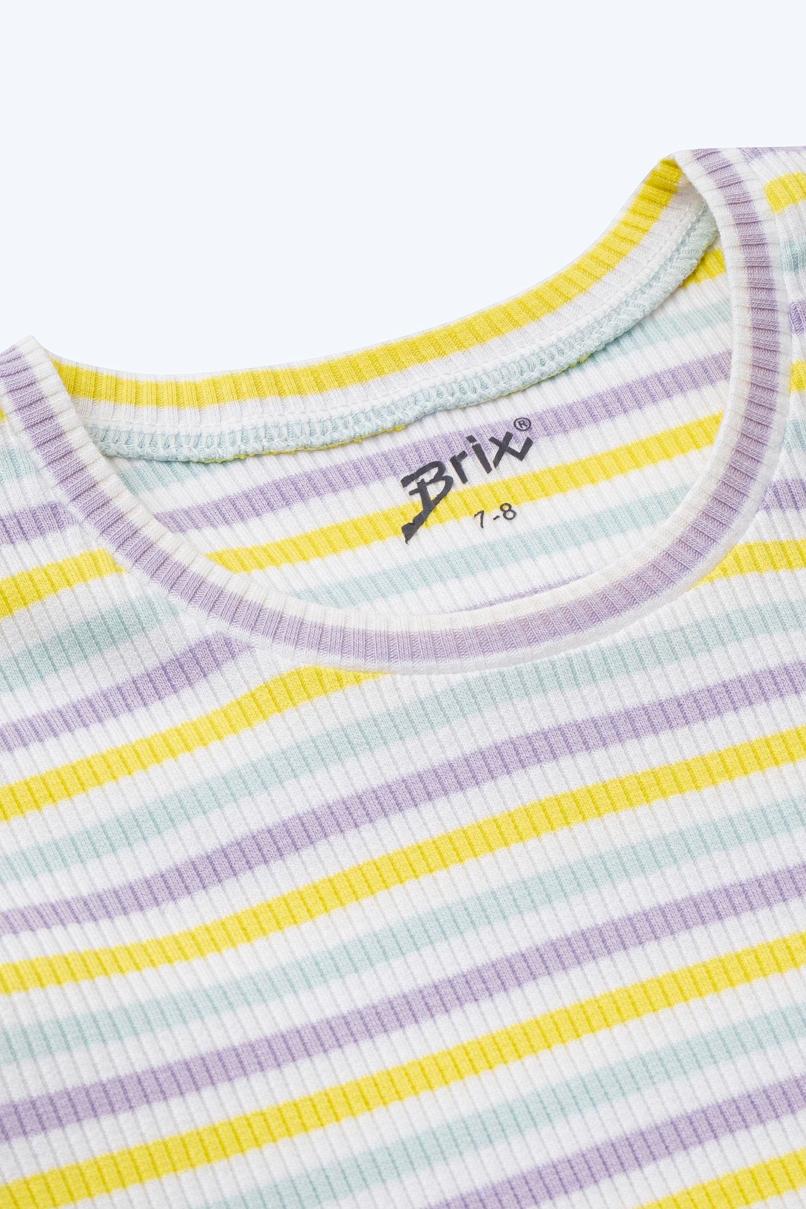 Brix Çizgili Kız Çocuk Fitilli Kısa Kollu T-Shirt
