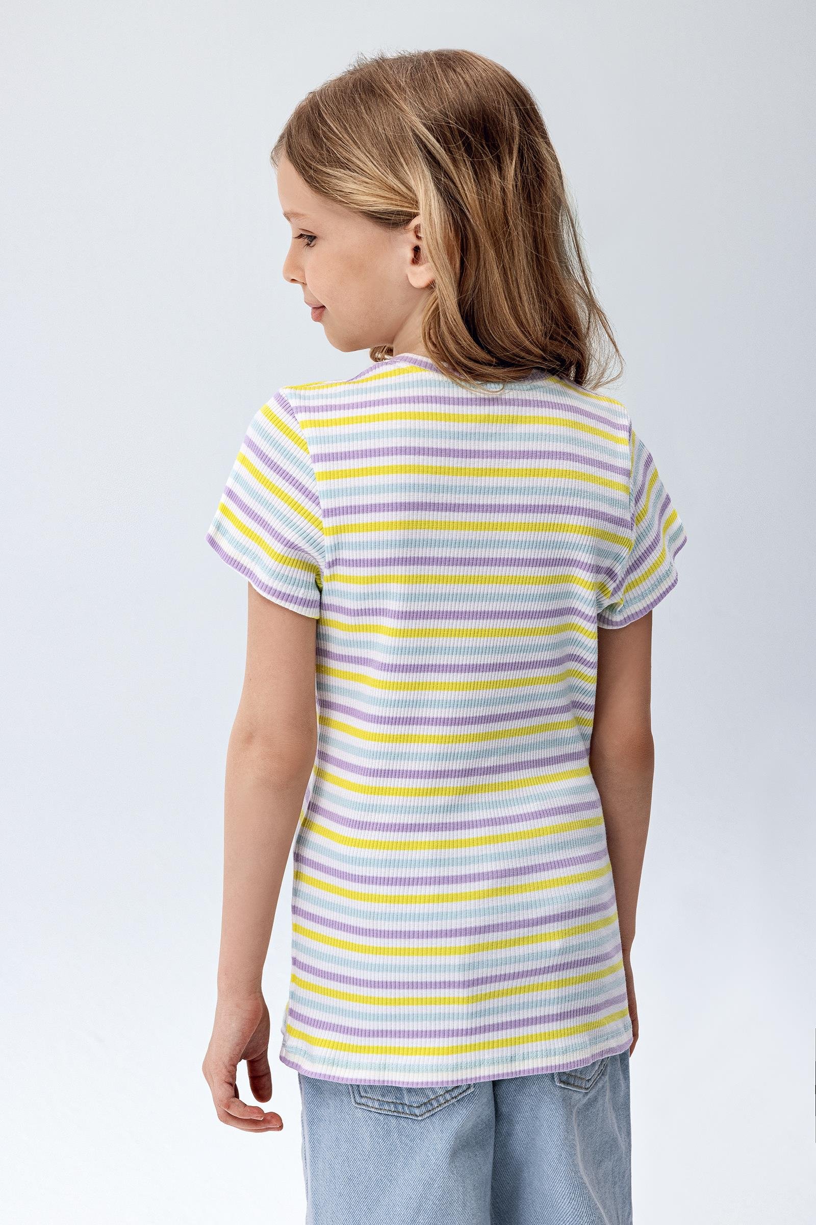 Brix Çizgili Kız Çocuk Fitilli Kısa Kollu T-Shirt