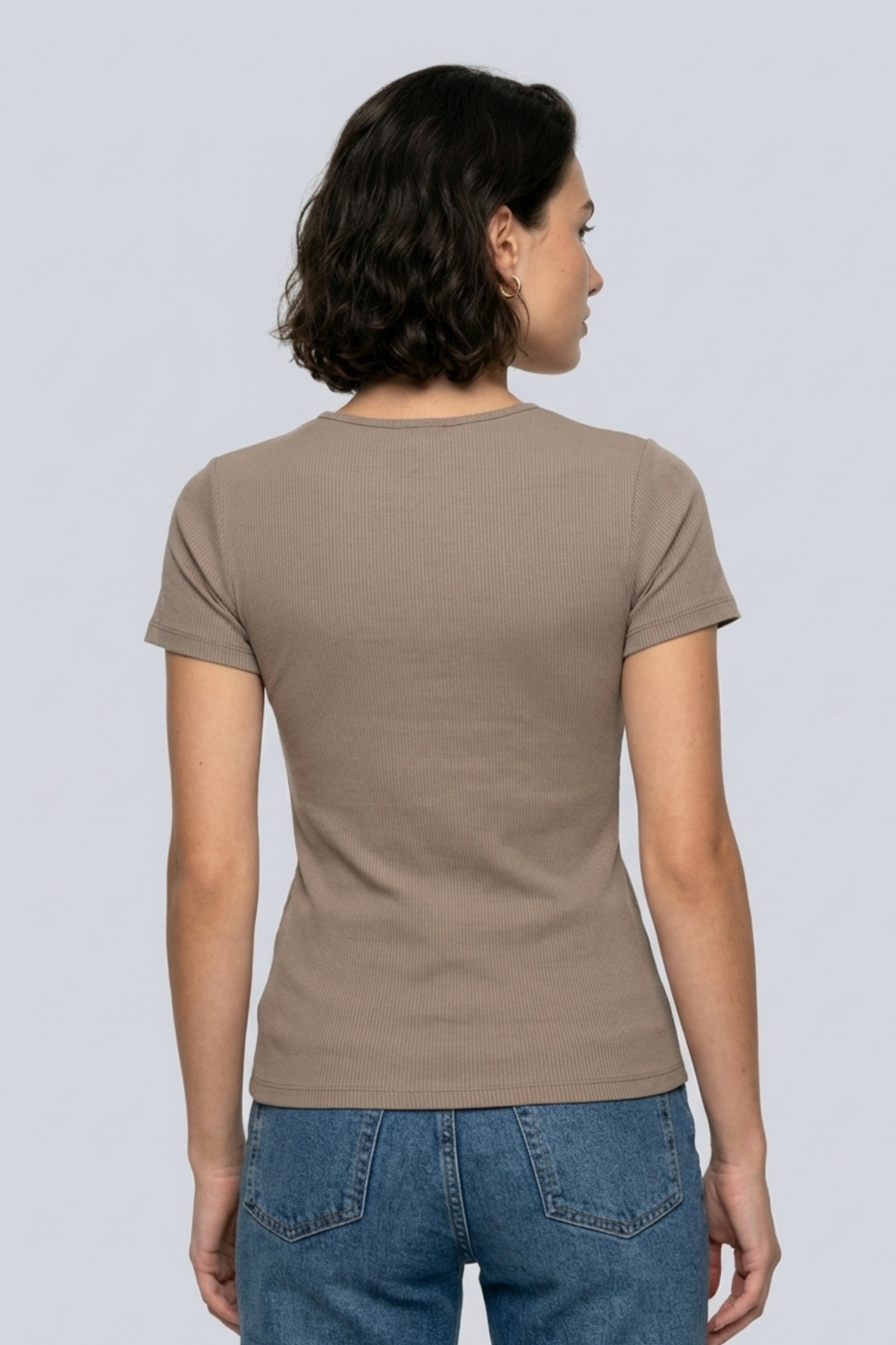Brix Kadın Fitilli Kısa Kollu T-Shirt 3515  Kahverengi Renk