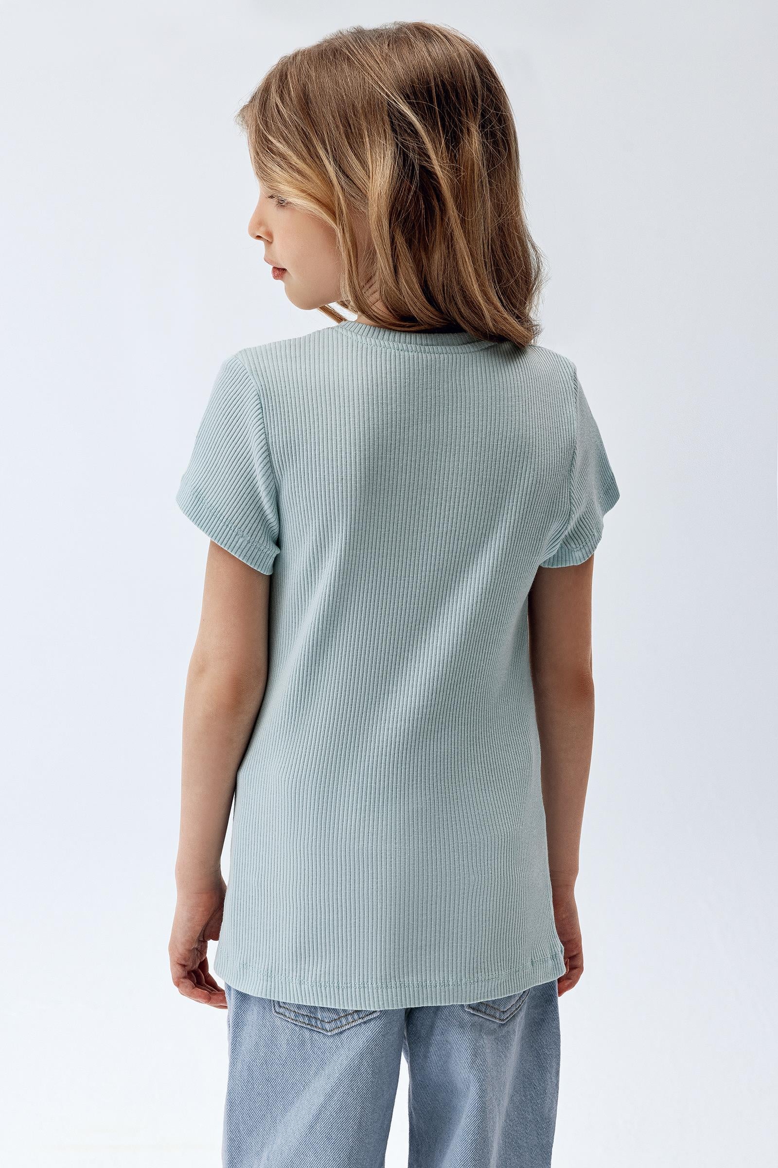 Brix Mavi Renk  Kız Çocuk Fitilli Kısa Kollu T-Shirt