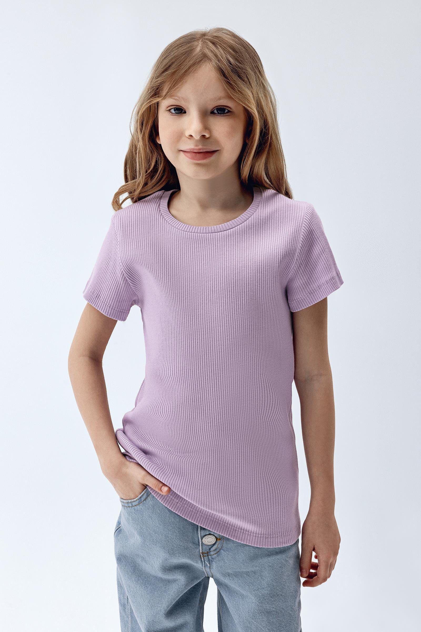 Brix Mor Renk  Kız Çocuk Fitilli Kısa Kollu T-Shirt