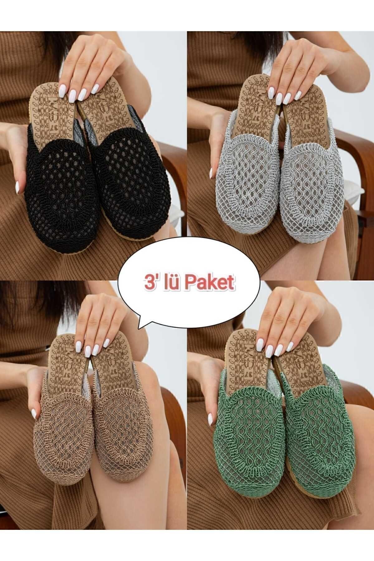 3'lü Paket Önü Kapalı Hasır Örgü Dış Mekan Ve Ev Terliği Çeyiz Bohça Seti
