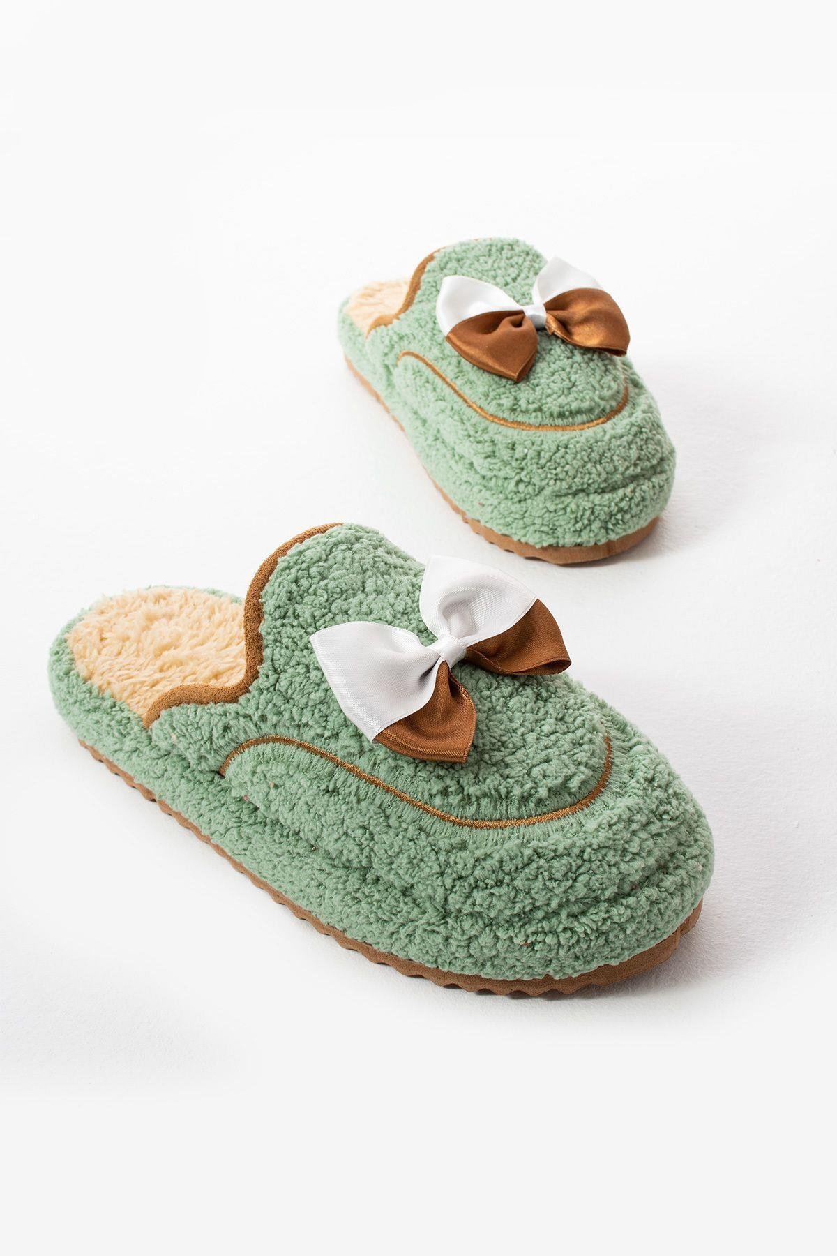 Yeşil Papyon Kışlık Kadın Terlik