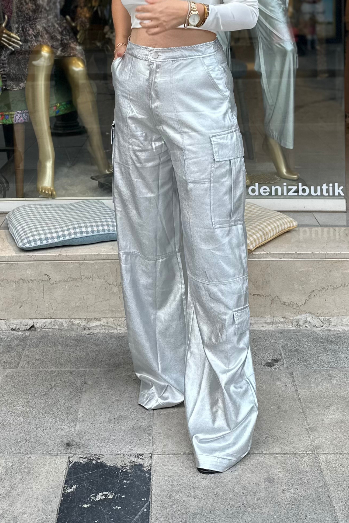 Parlak Gri Kargo pantolon