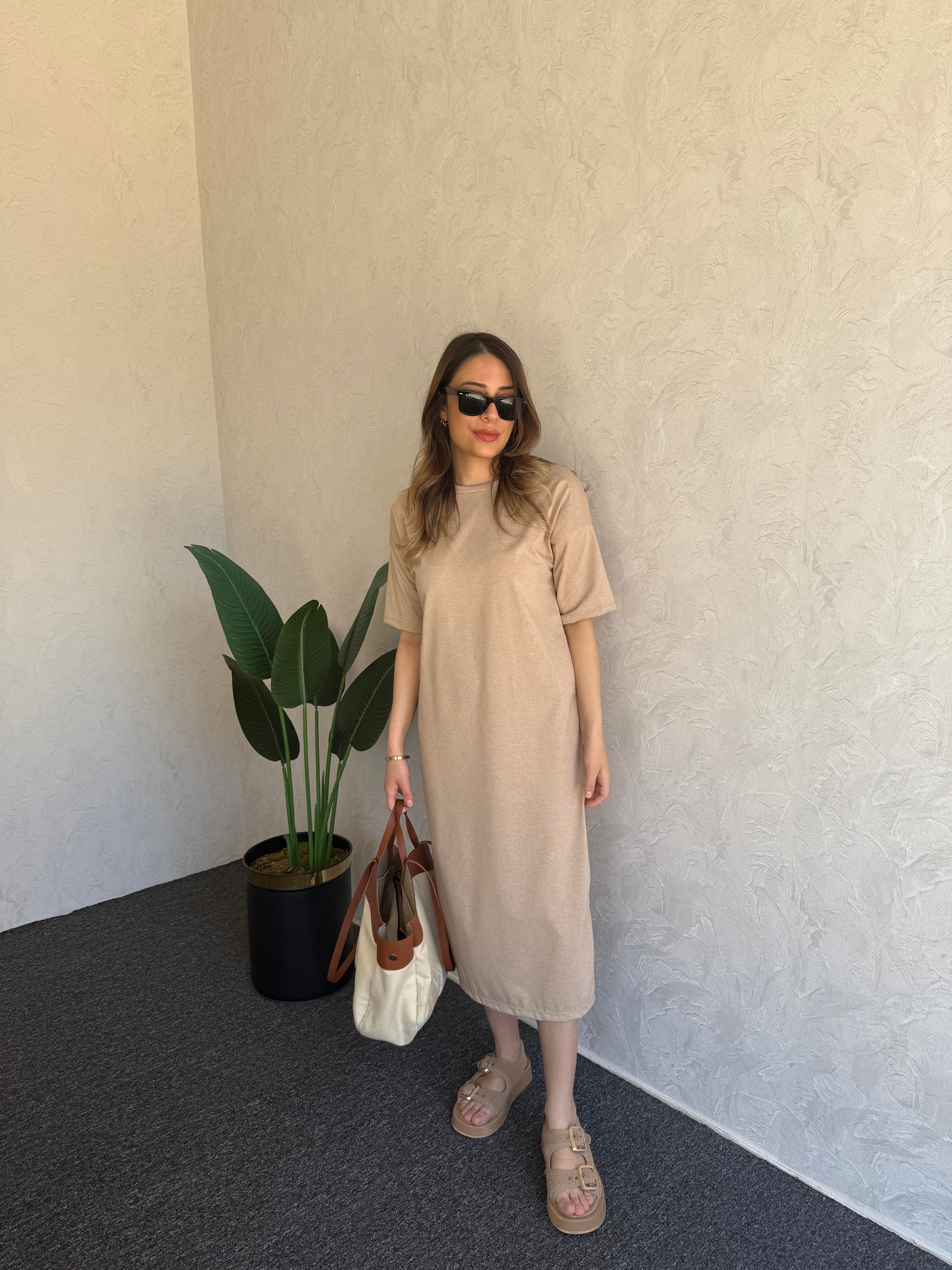 Basic Kısa Kol Elbise Camel