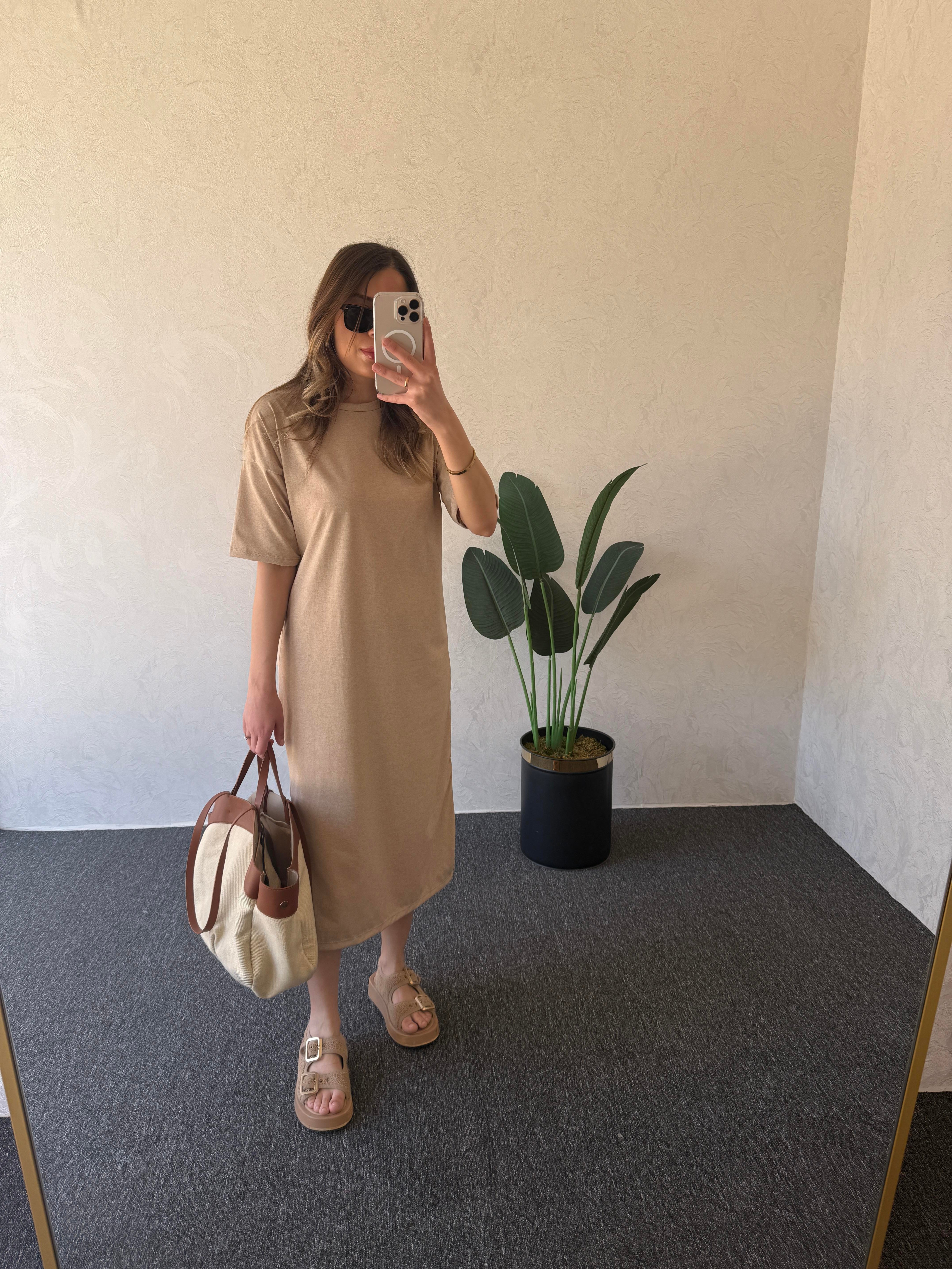 Basic Kısa Kol Elbise Camel