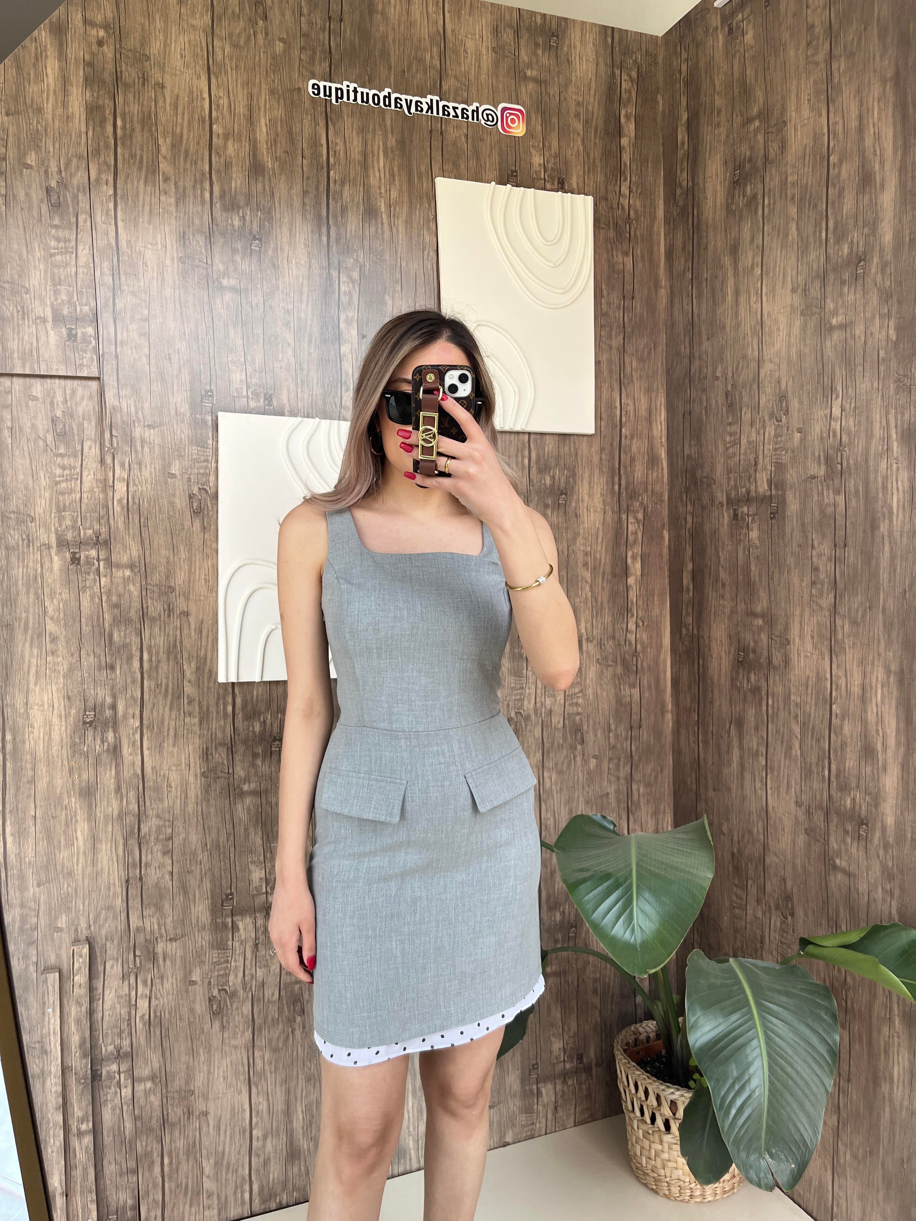 Cep Görünüm Kumaş Elbise Gri