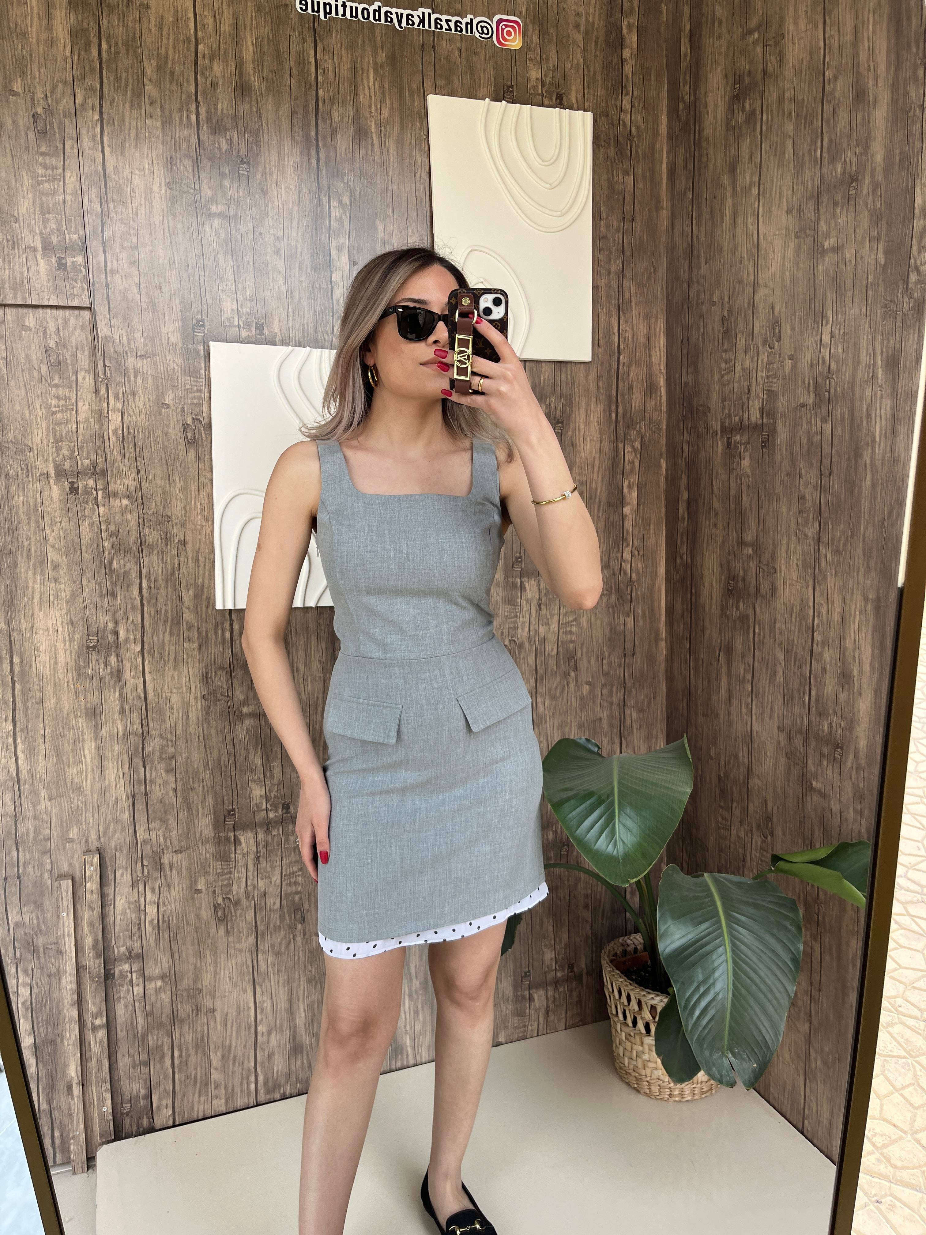 Cep Görünüm Kumaş Elbise Gri
