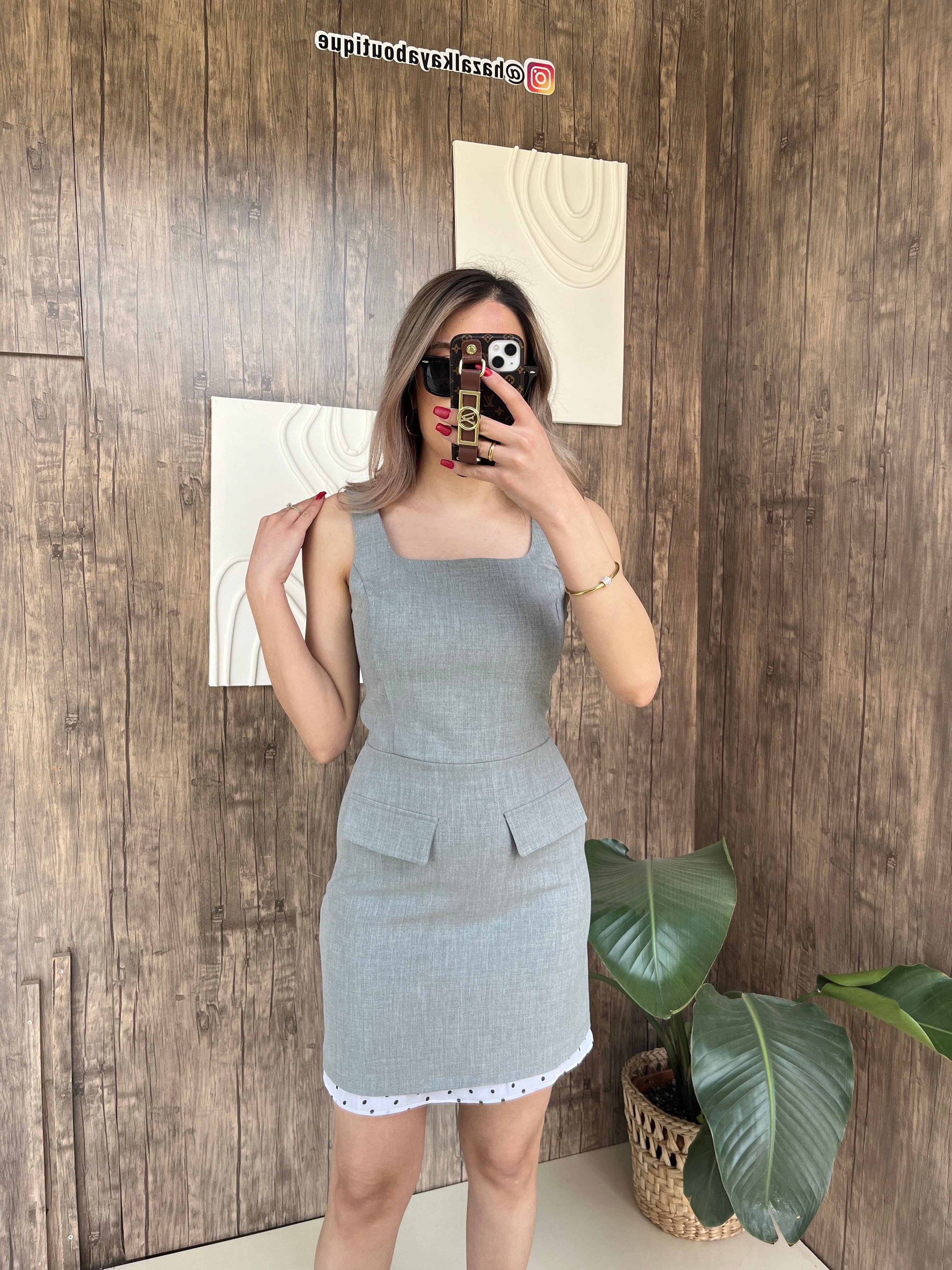 Cep Görünüm Kumaş Elbise Gri