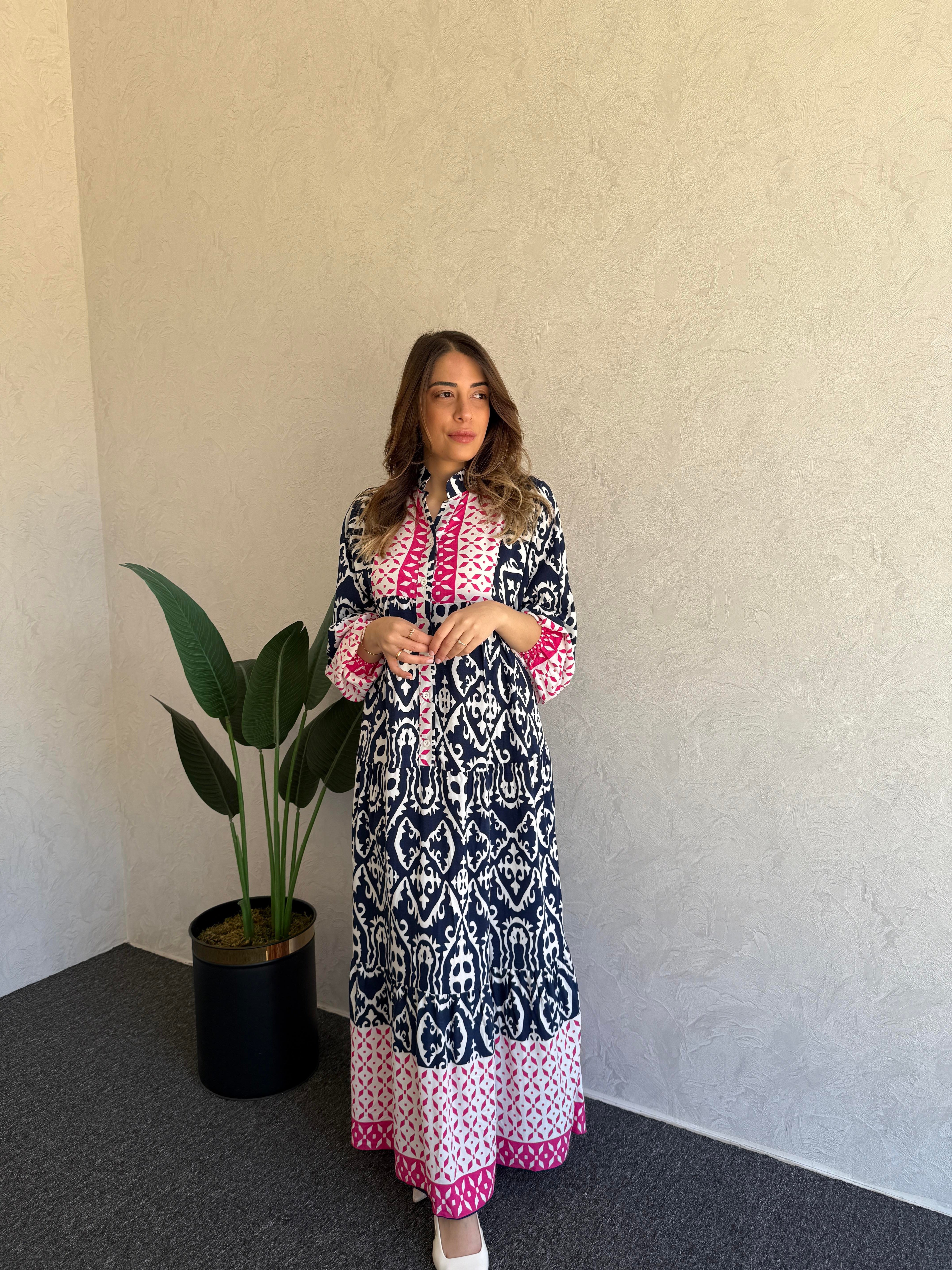 Desenli Uzun Kol Elbise Laci-Pembe - 1039