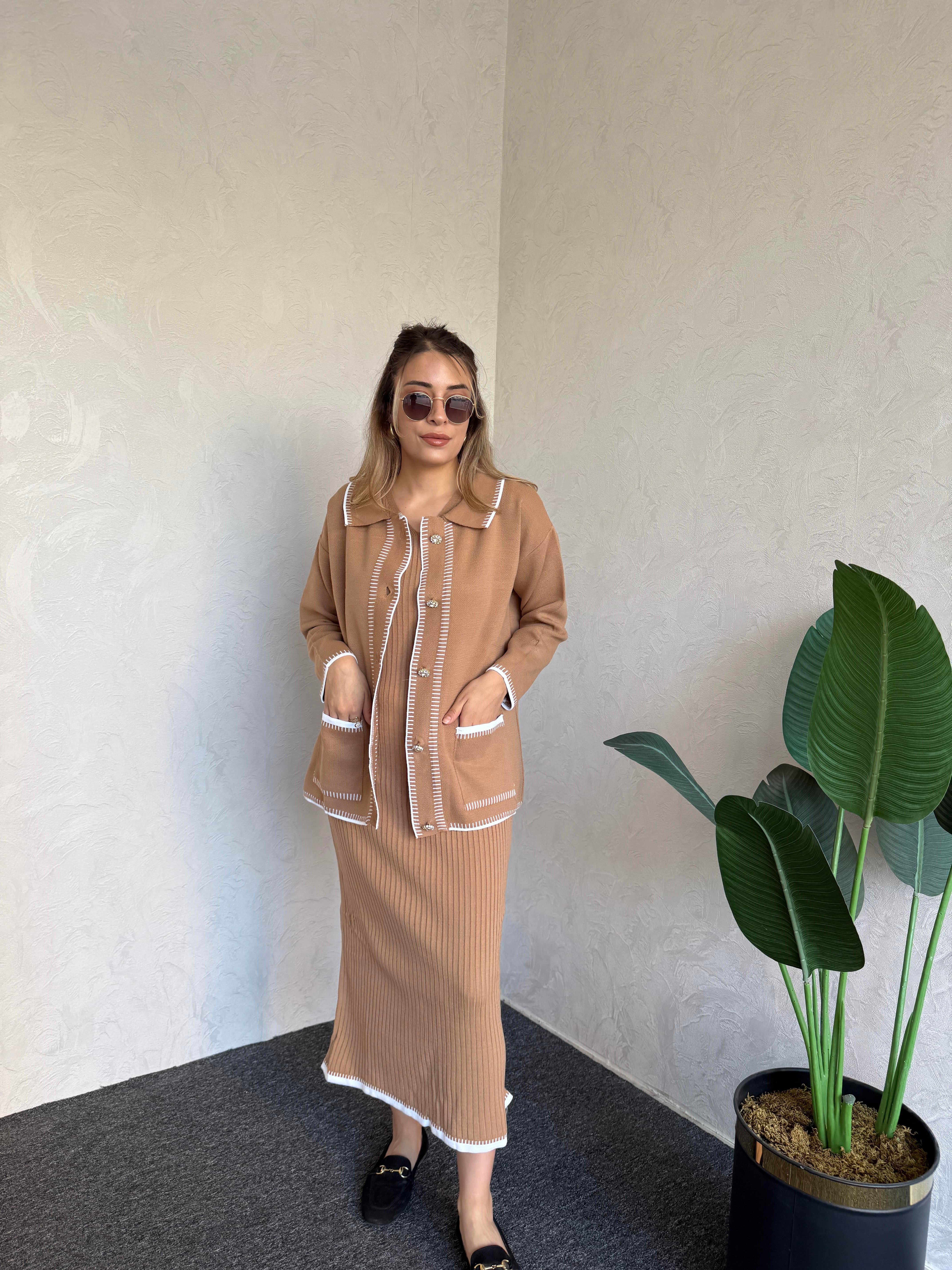 Düğmeli Triko Ceket Elbise Takım Camel-102