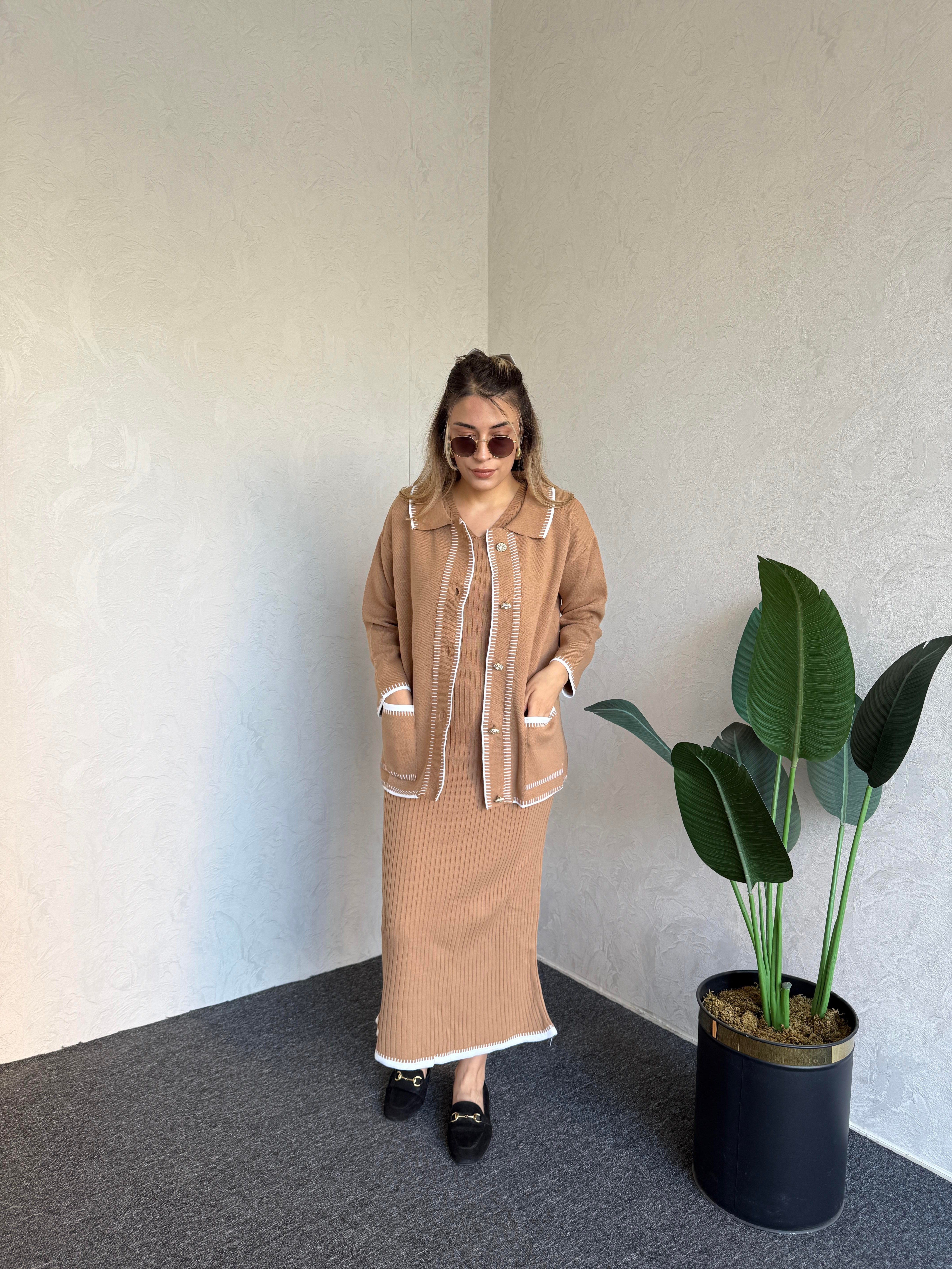 Düğmeli Triko Ceket Elbise Takım Camel-102