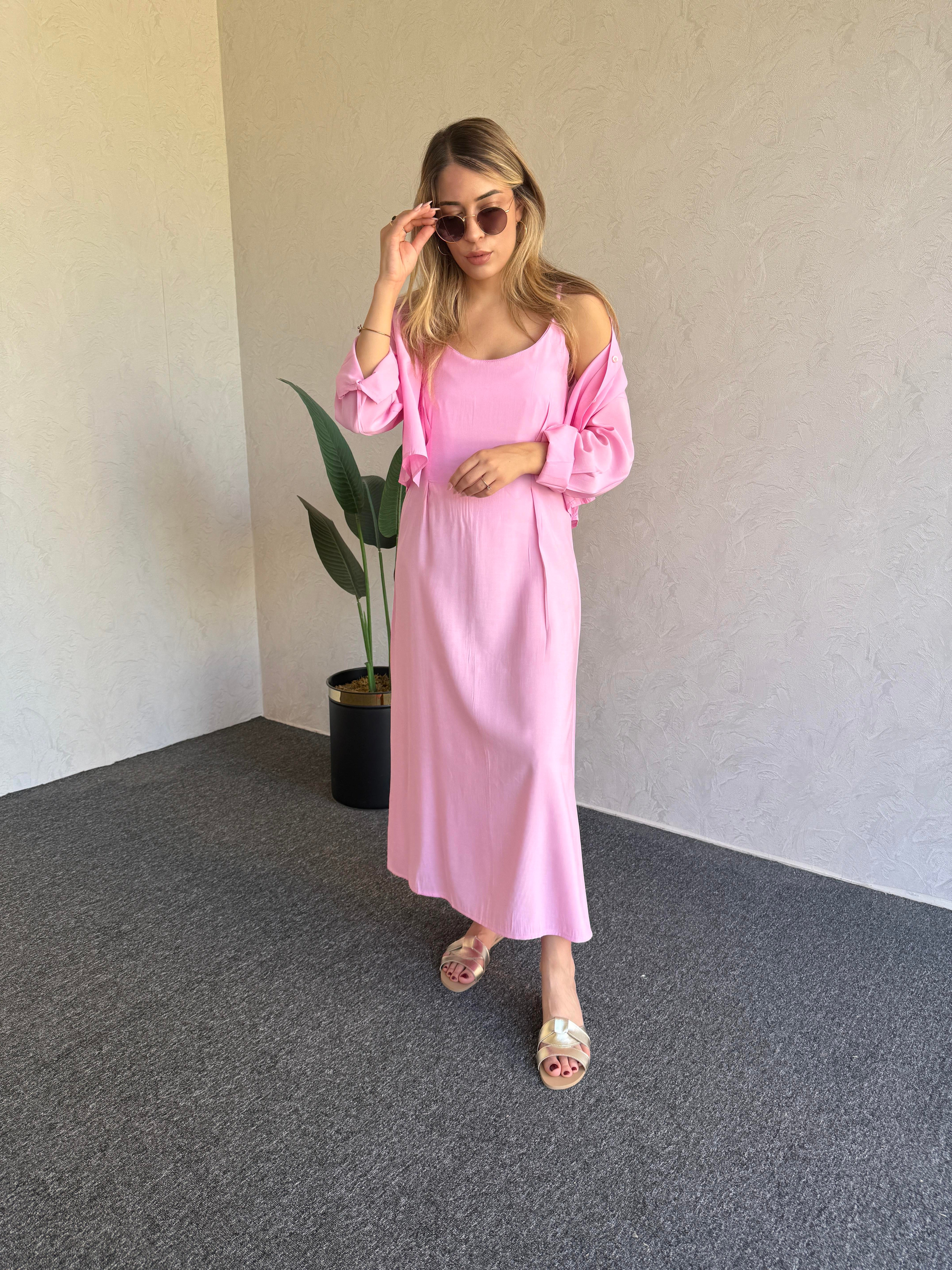 Gömlekli İp Askı Tensel Elbise Pembe - 1054
