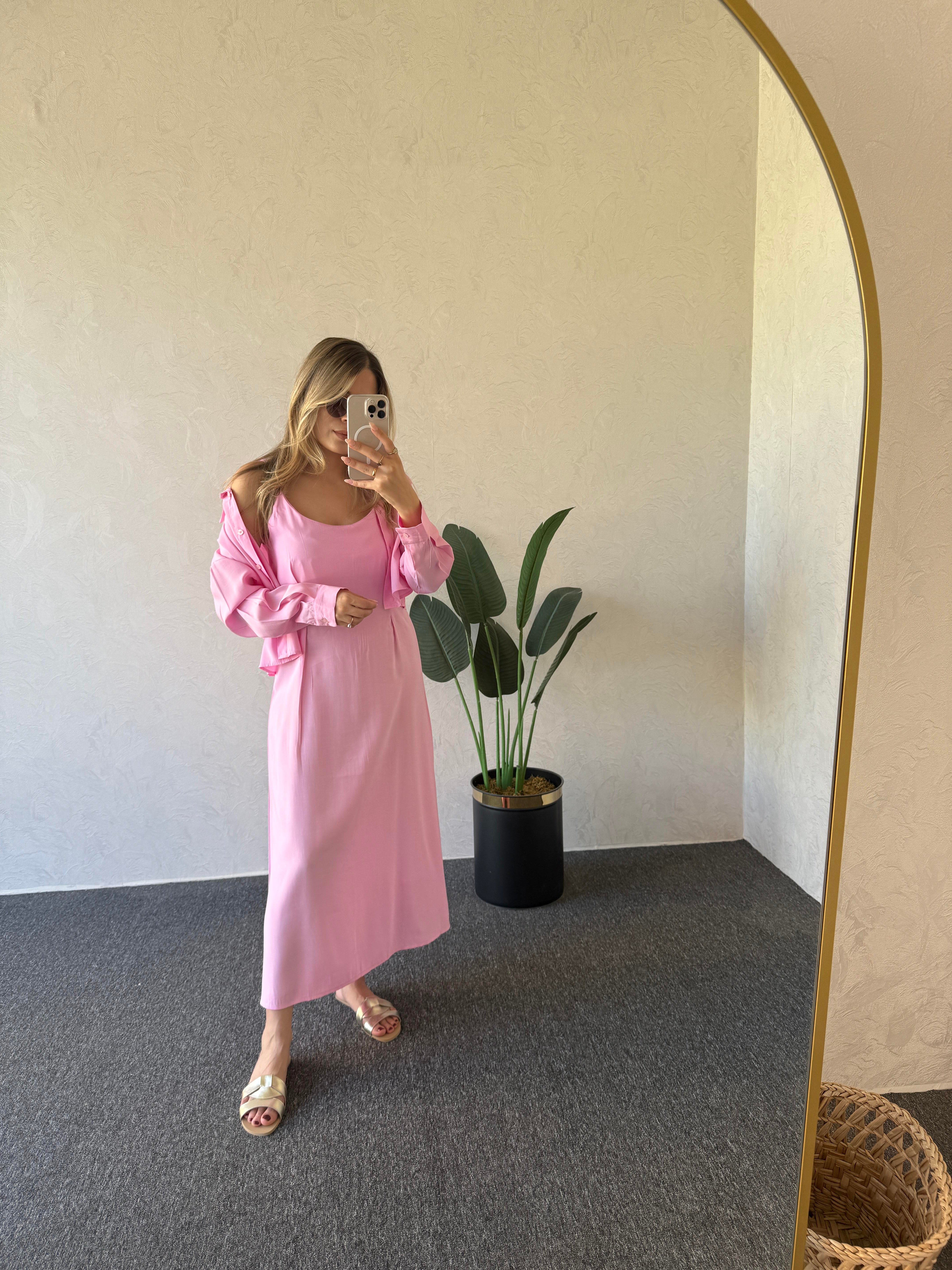 Gömlekli İp Askı Tensel Elbise Pembe - 1054