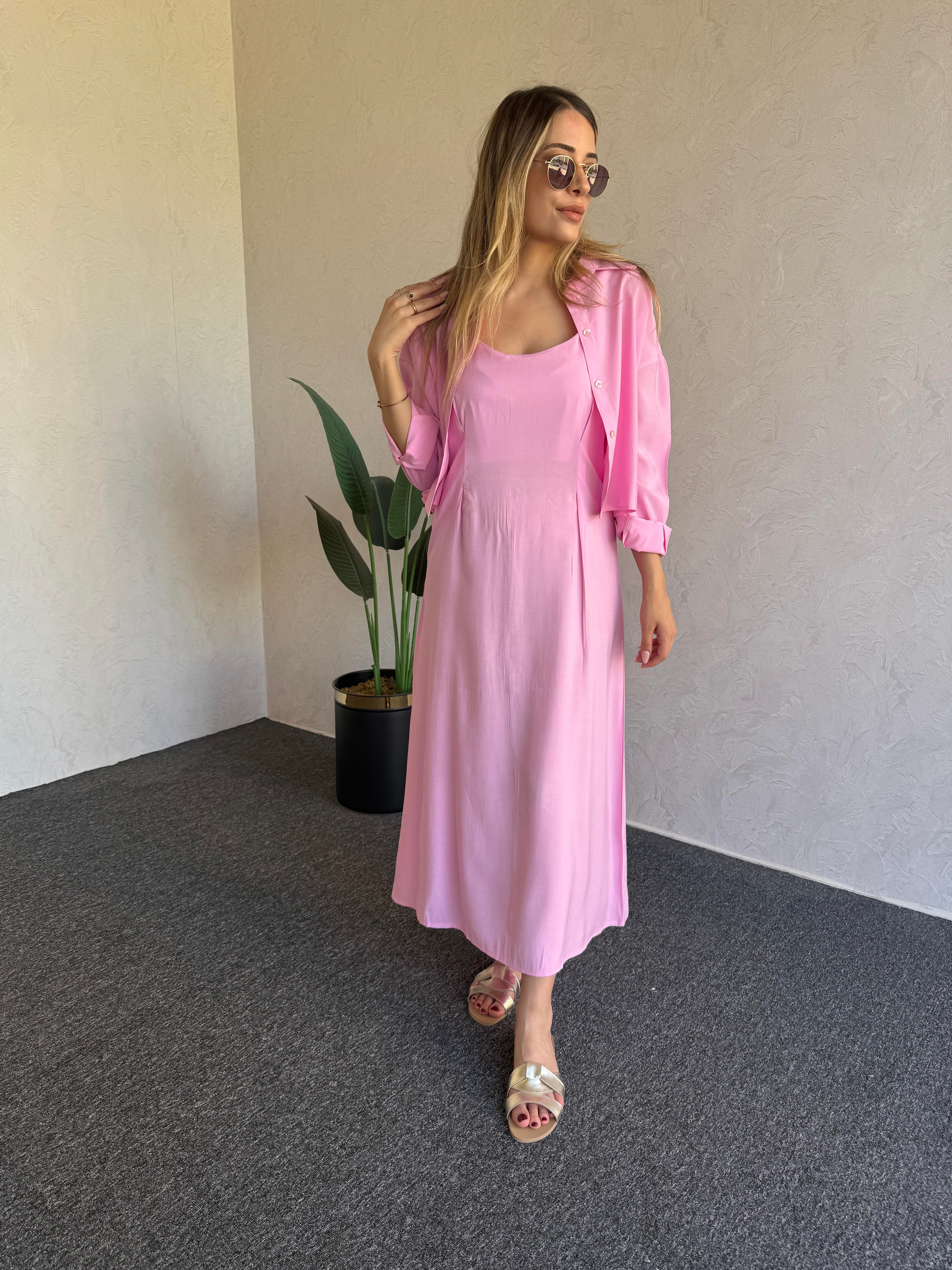 Gömlekli İp Askı Tensel Elbise Pembe - 1054