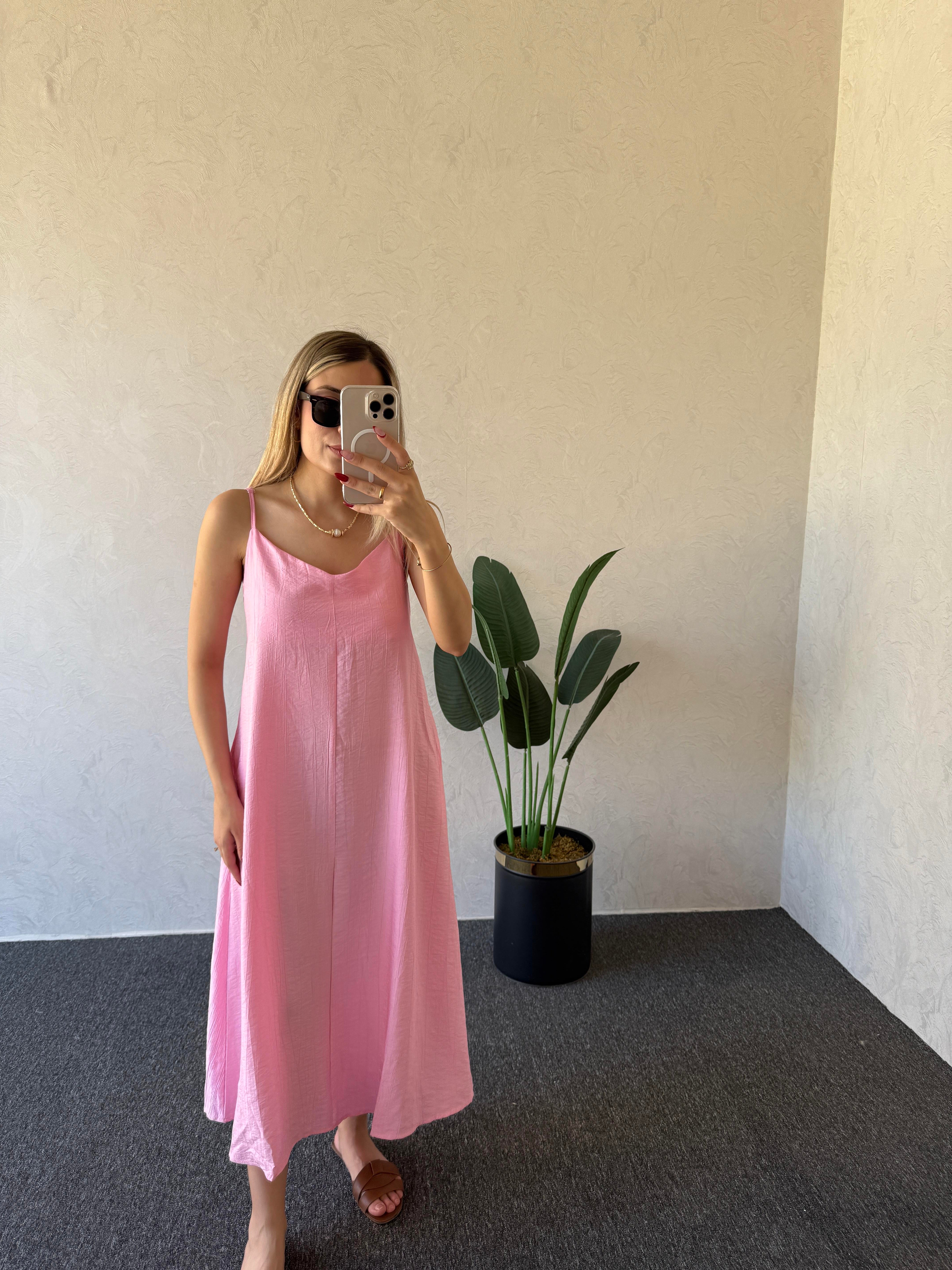 İp Askı Çilek Keten Elbise Pembe - 1049