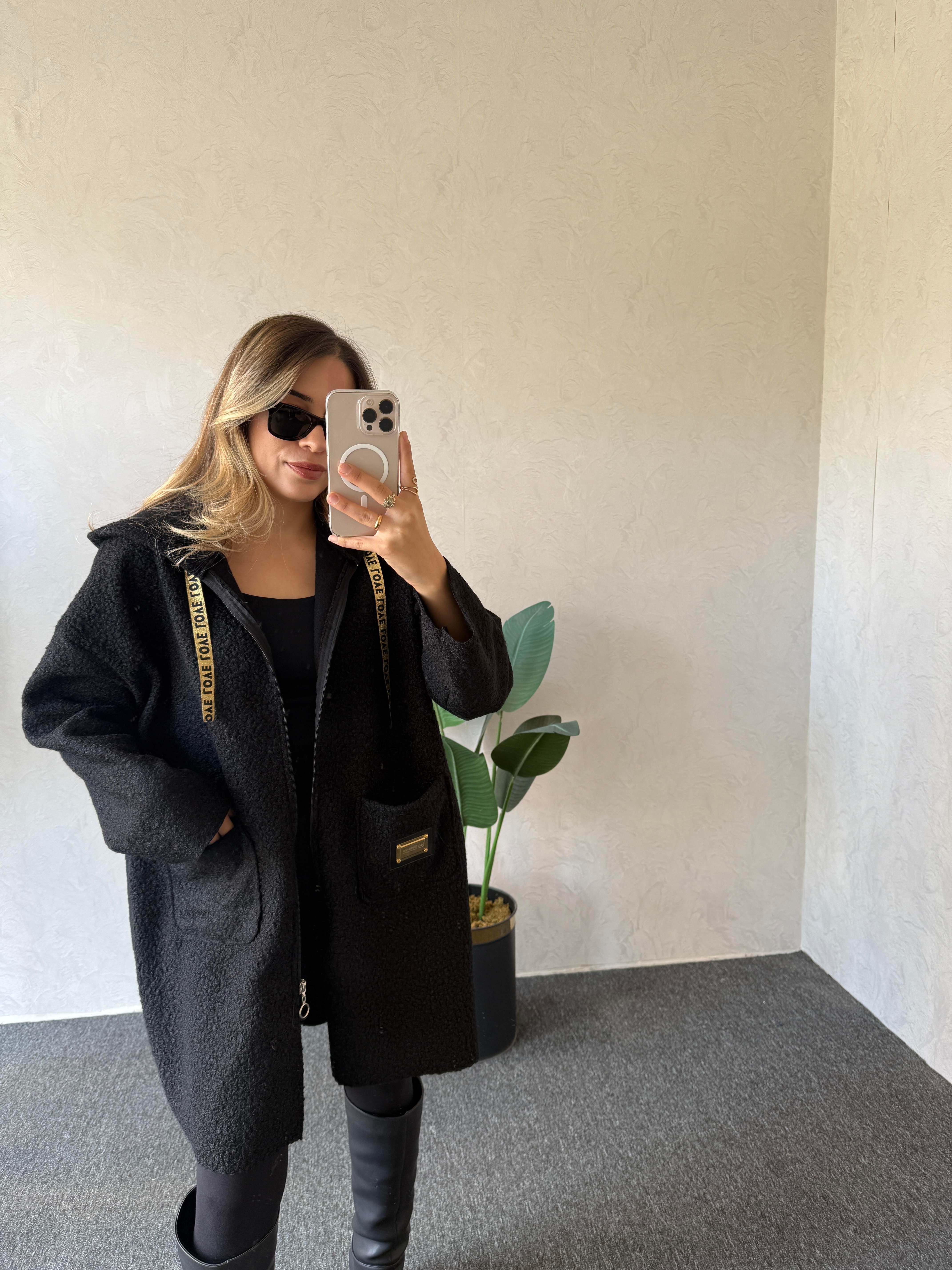 Kapüşonlu Buklet Ceket Siyah - 1078