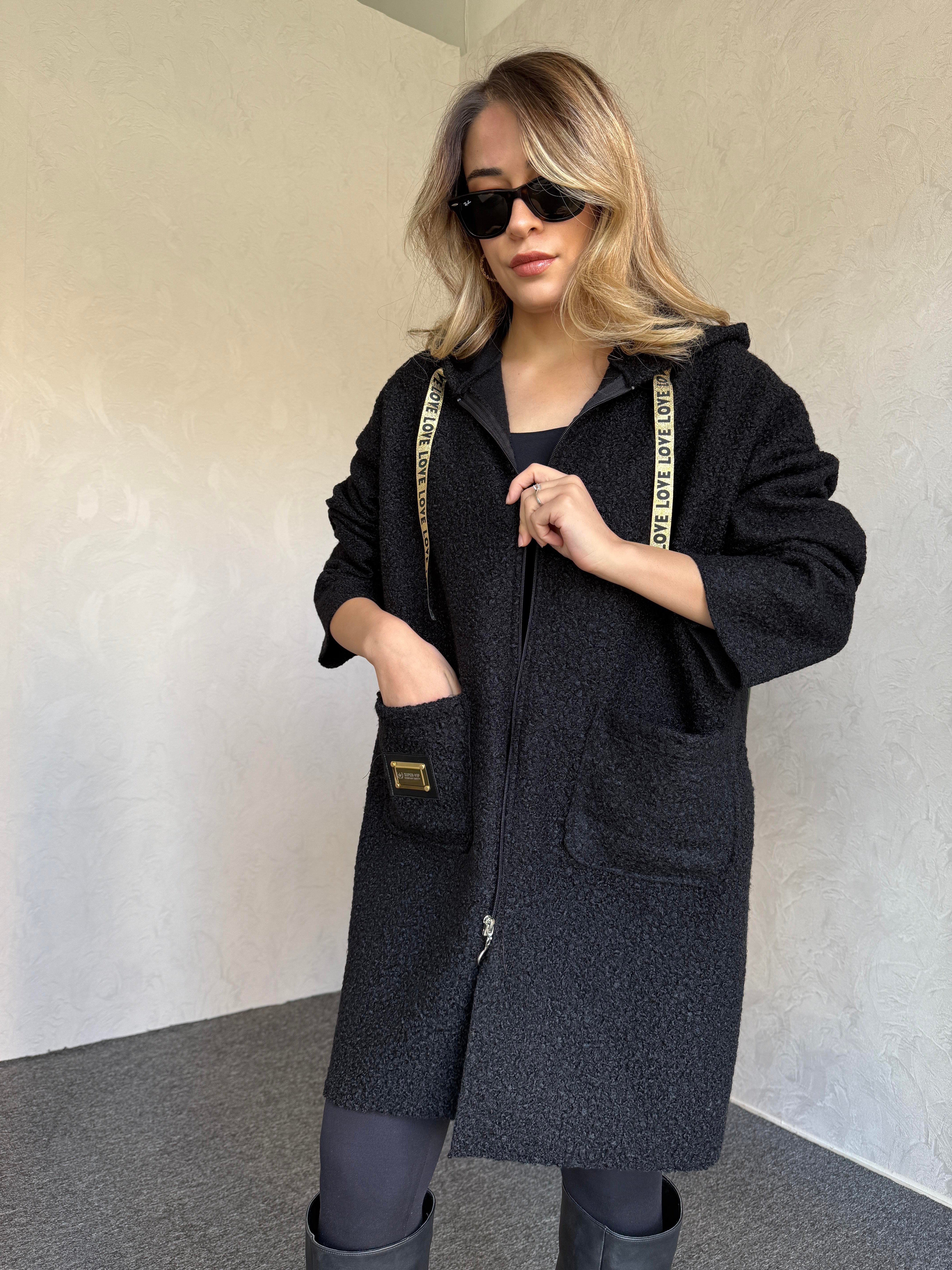 Kapüşonlu Buklet Ceket Siyah - 1078