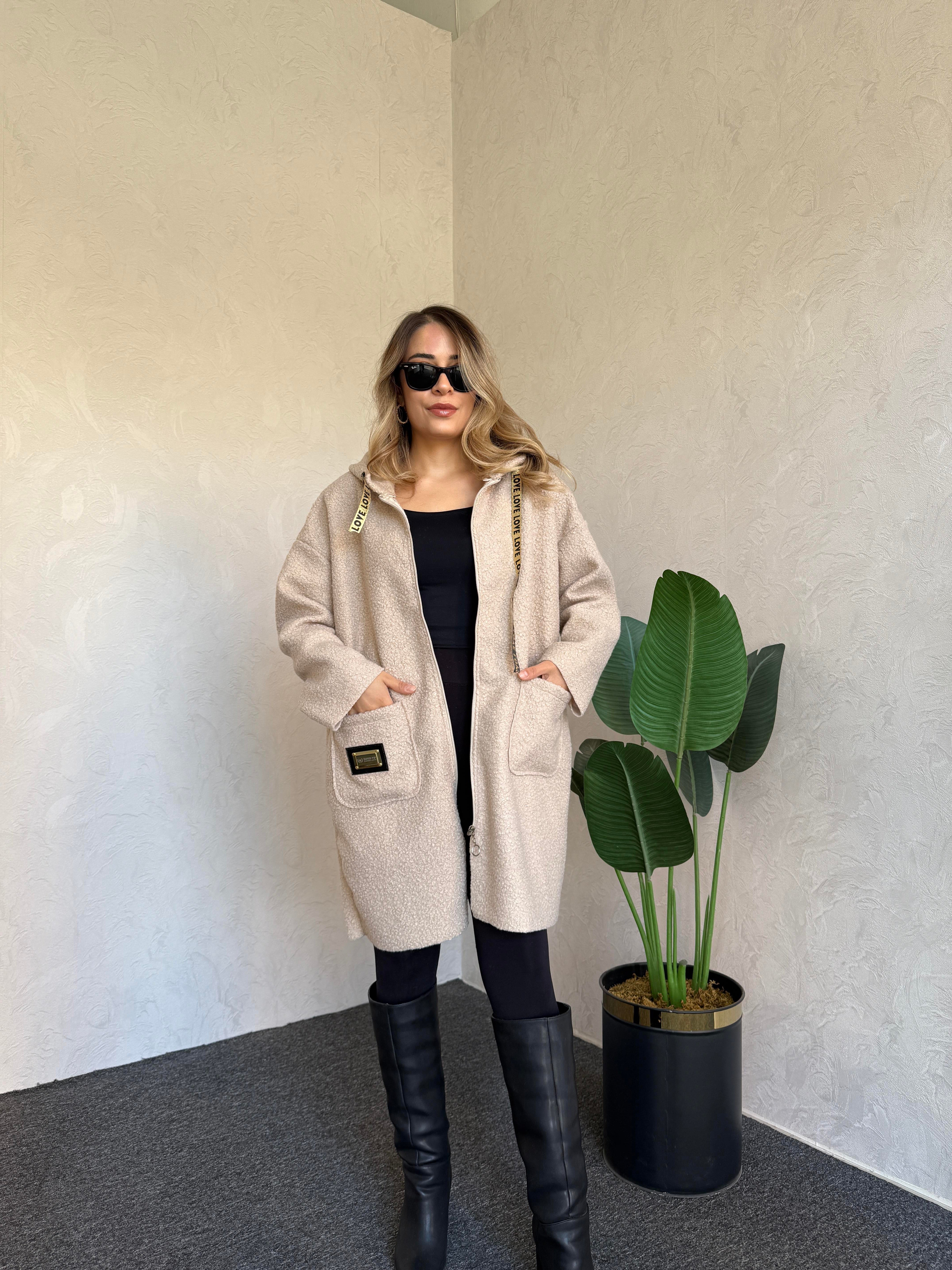 Kapüşonlu Buklet Ceket Taş - 1078