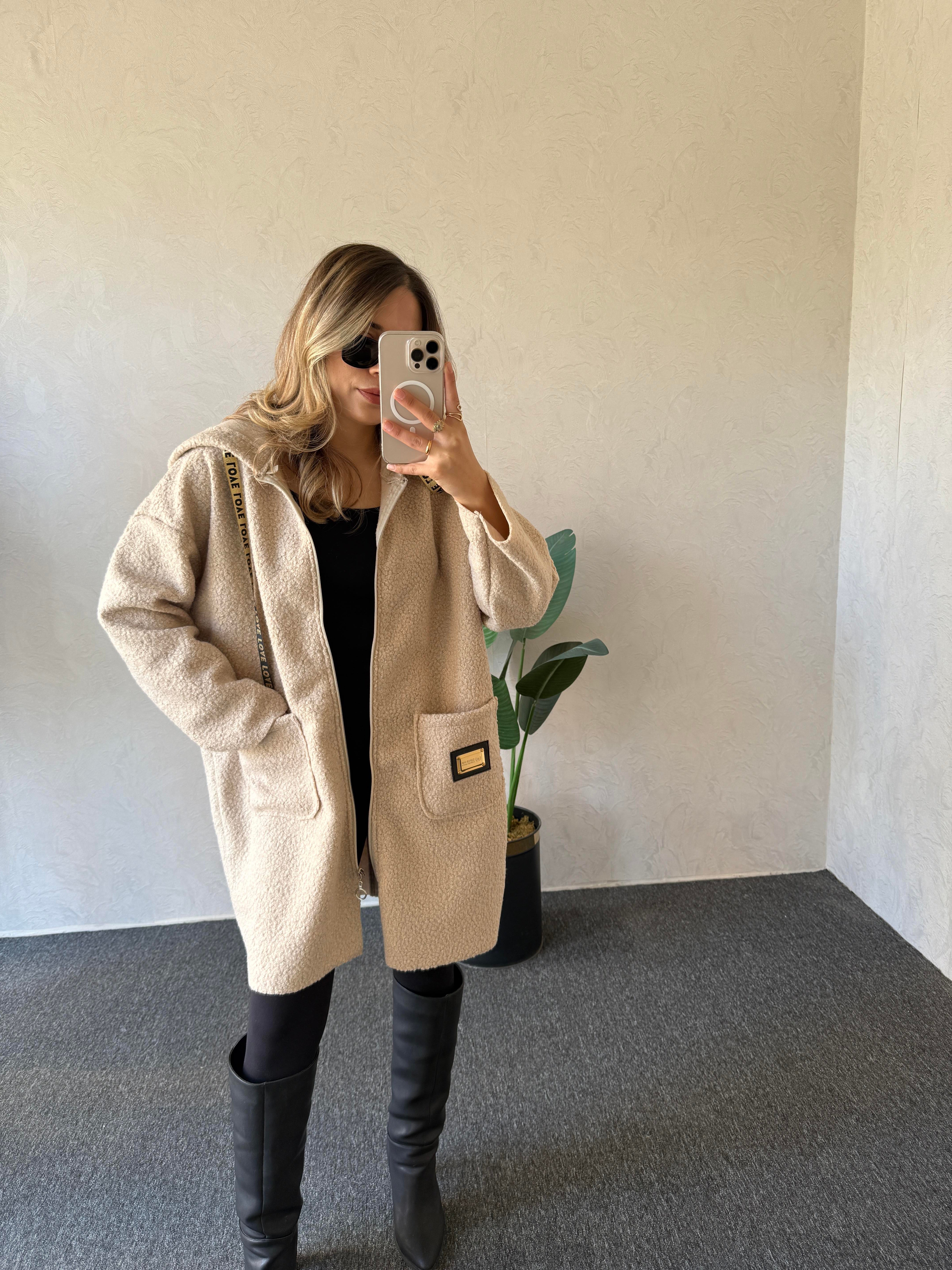 Kapüşonlu Buklet Ceket Taş - 1078