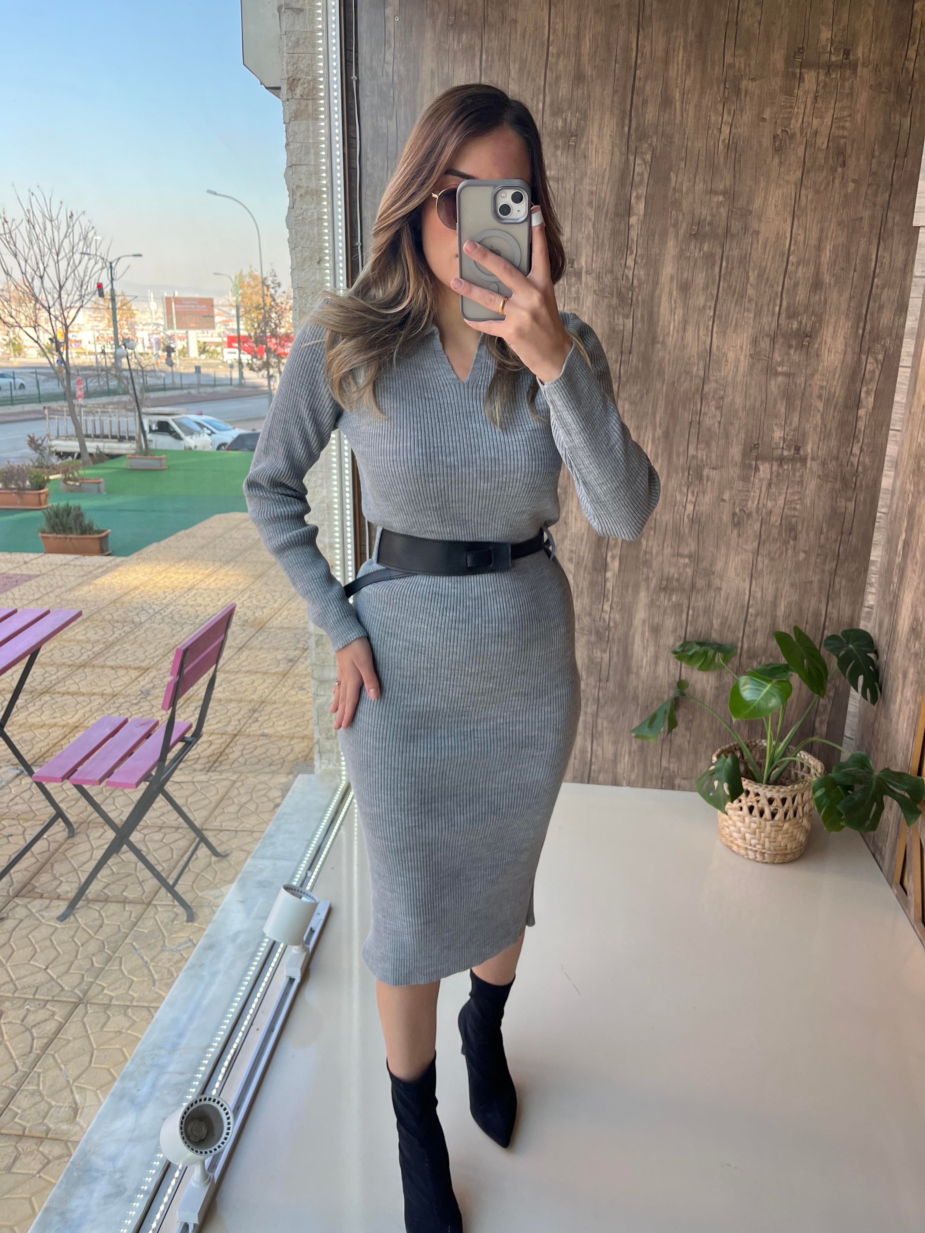 Kemerli Midi Elbise Gri