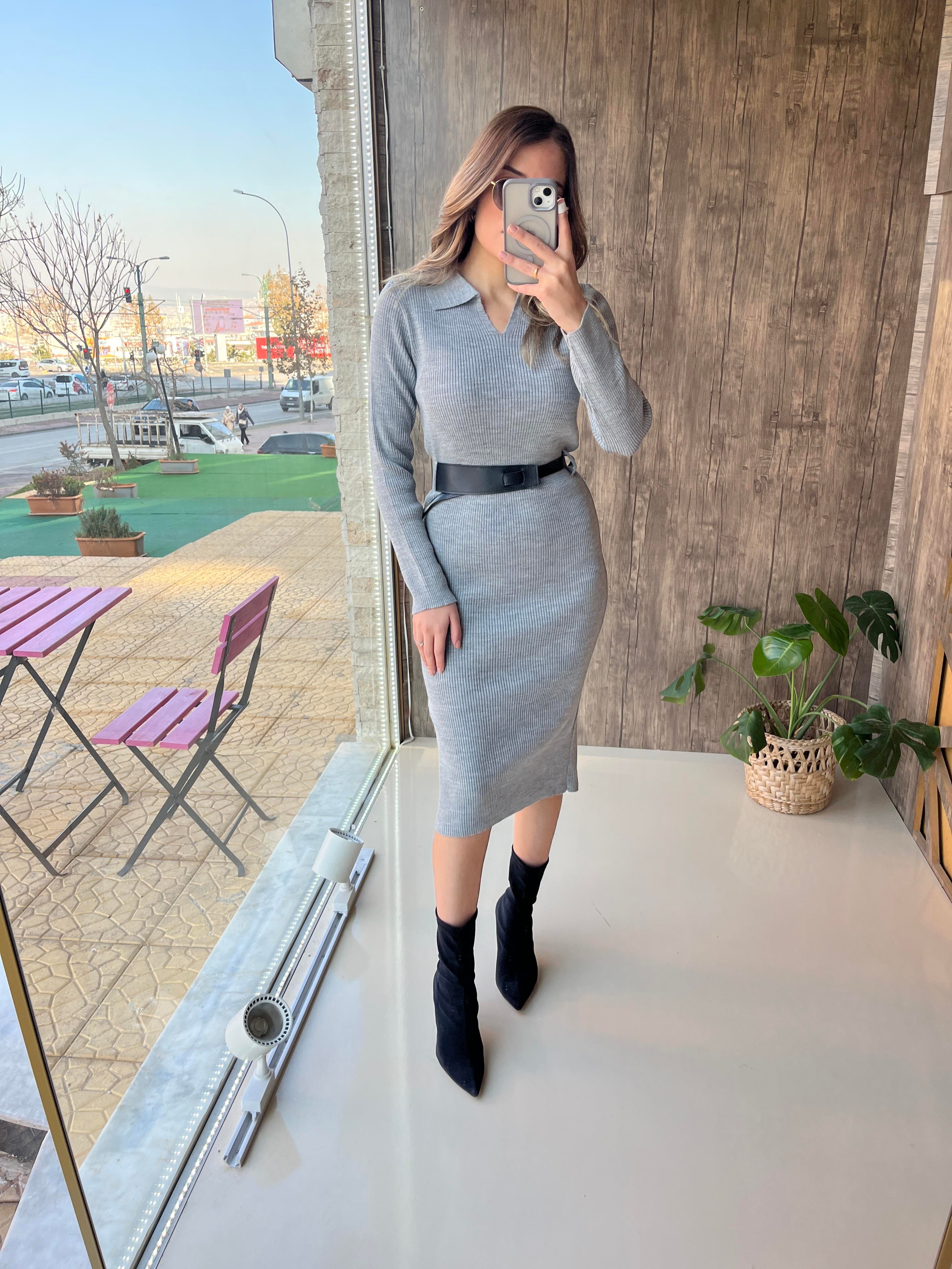 Kemerli Midi Elbise Gri