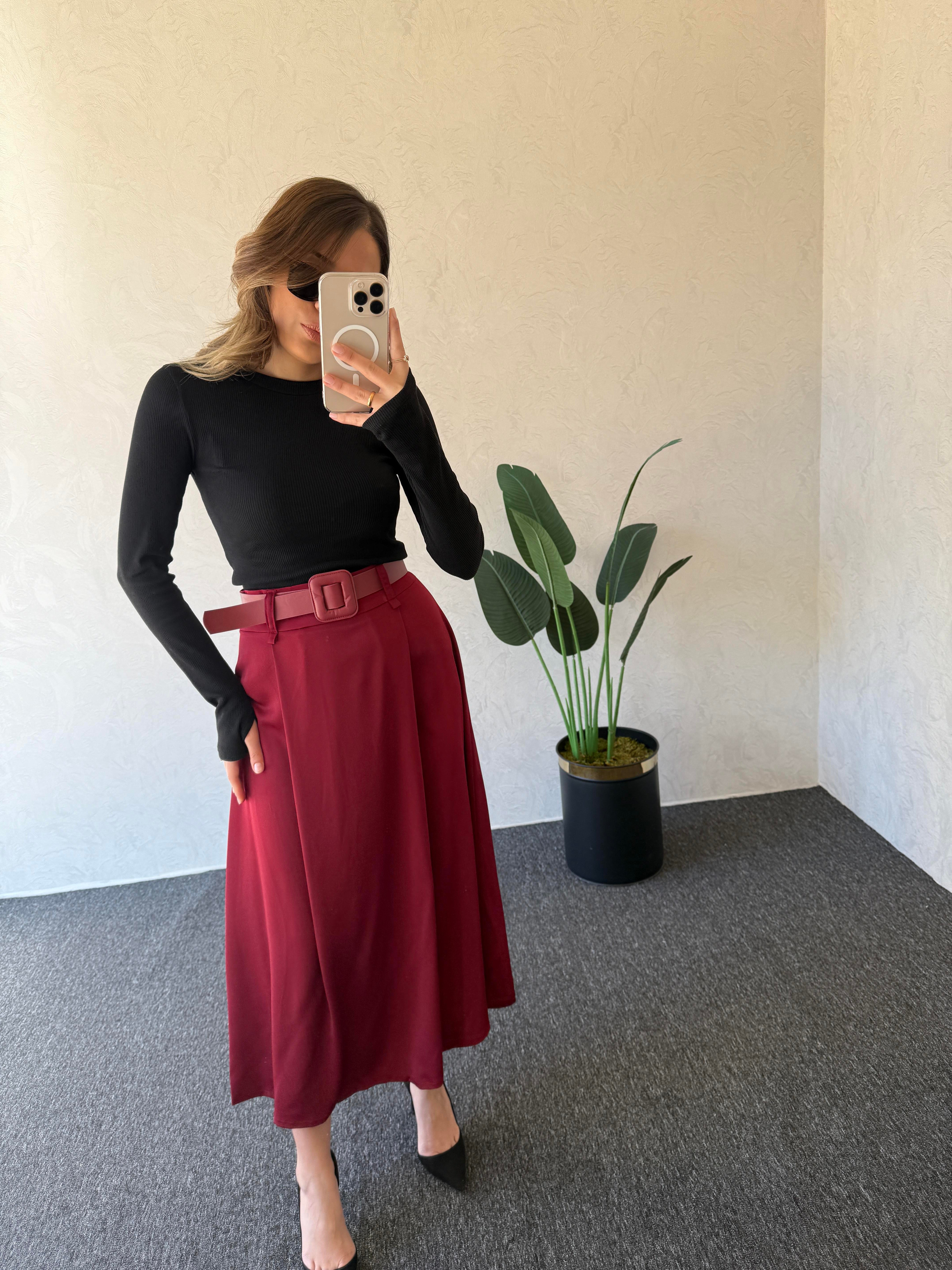Kemerli Midi Etek Bordo - 1021