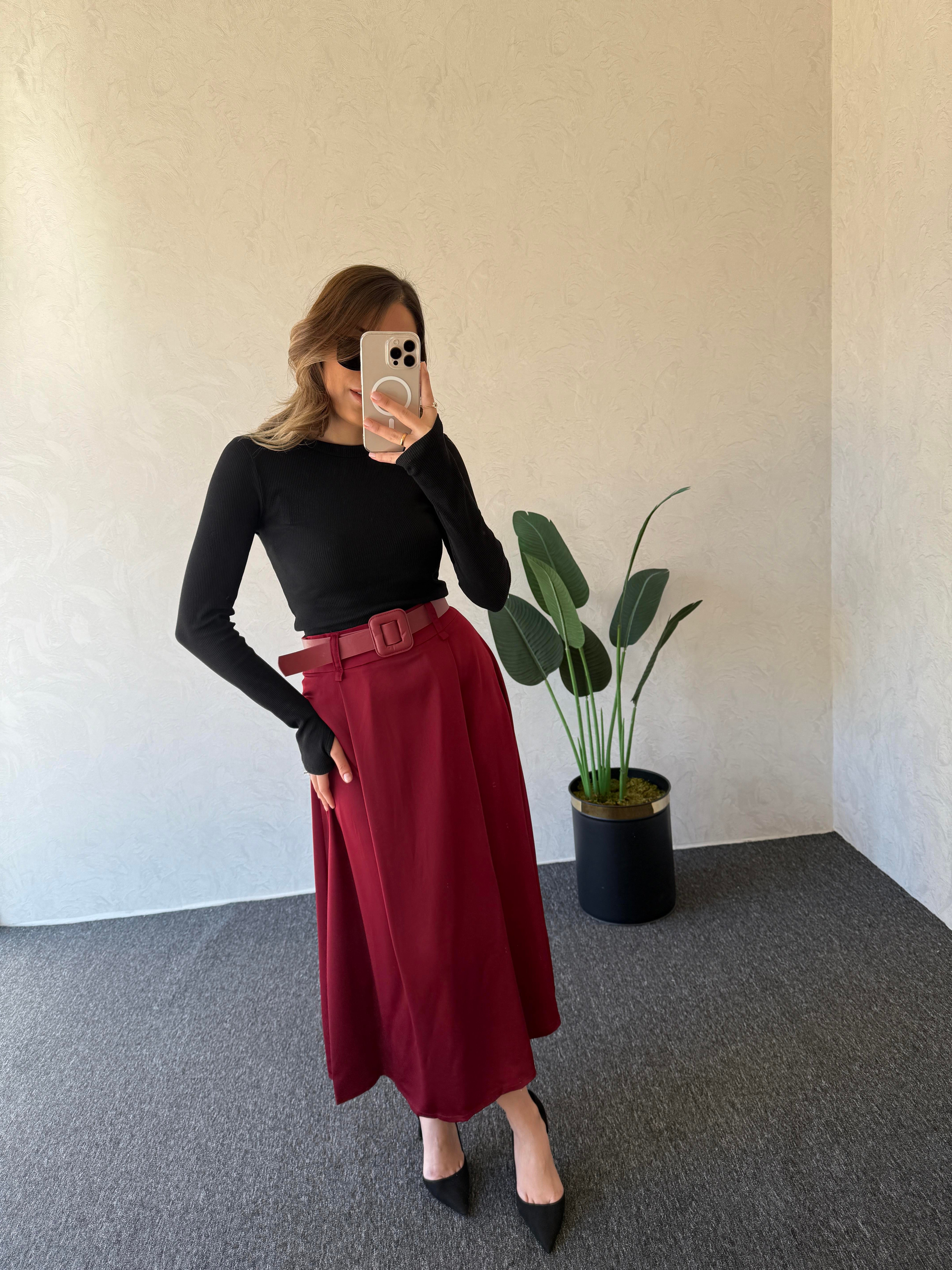 Kemerli Midi Etek Bordo - 1021