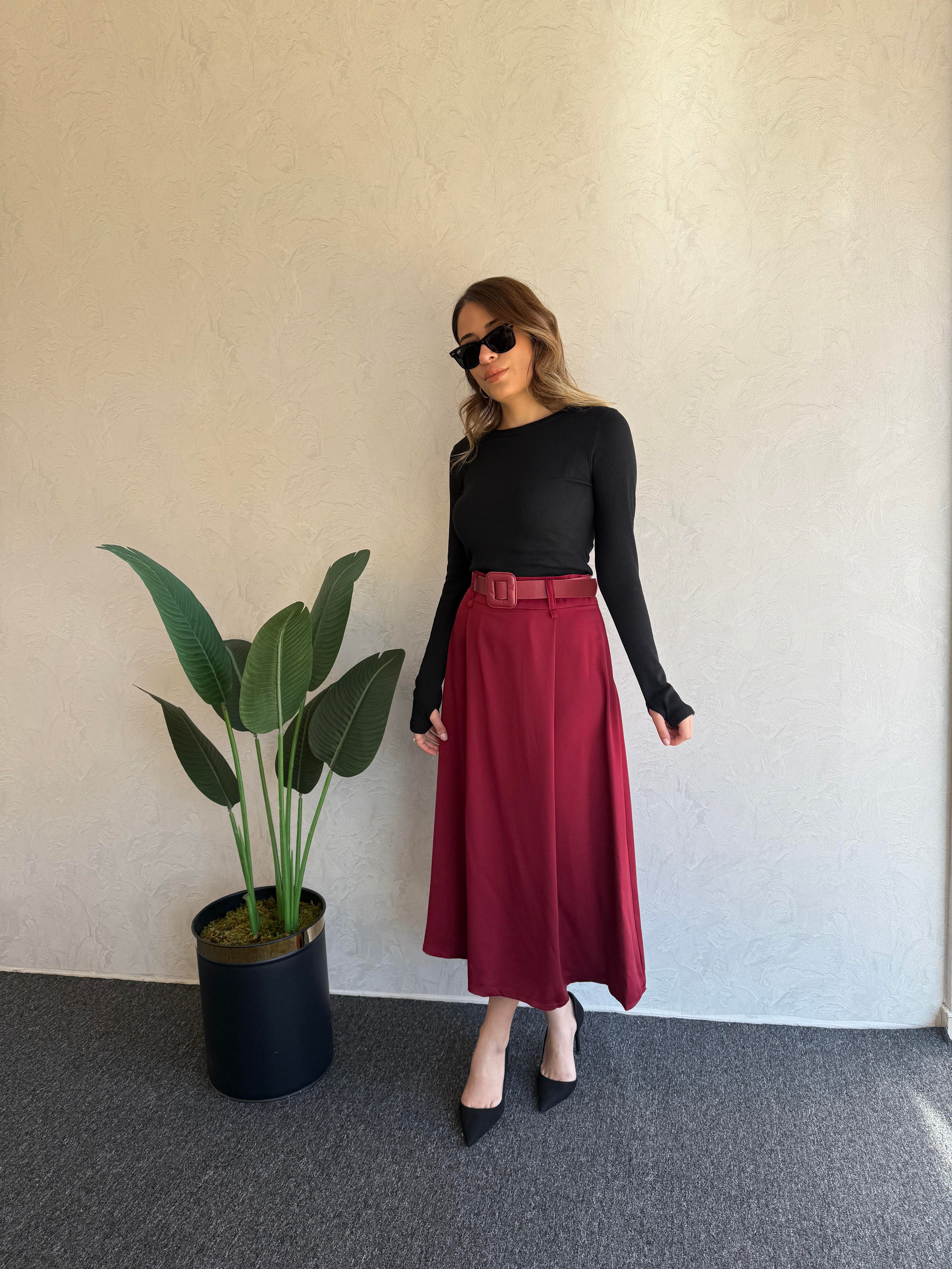 Kemerli Midi Etek Bordo - 1021