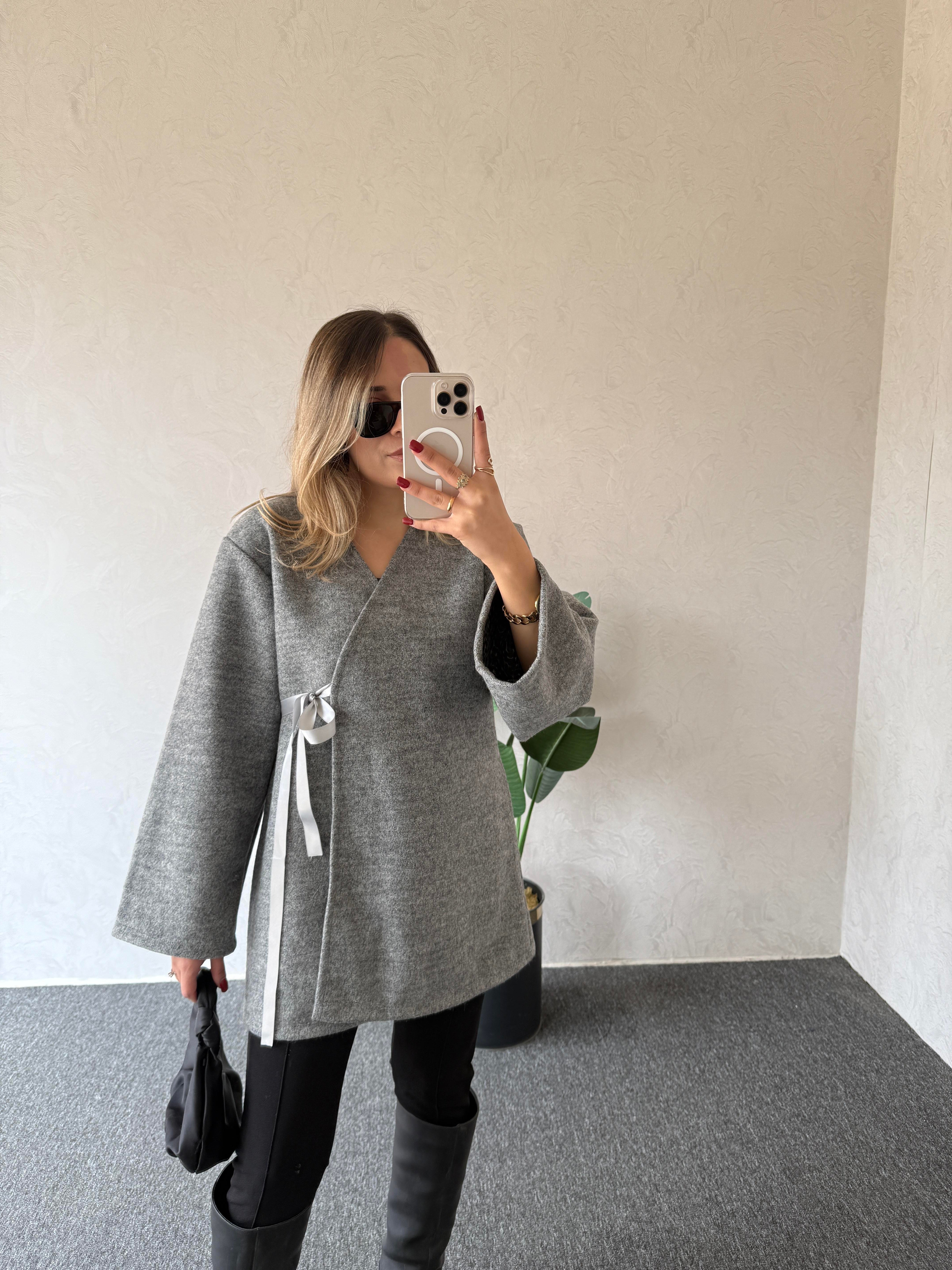 Kruvaze Buklet Ceket Gri - 1077