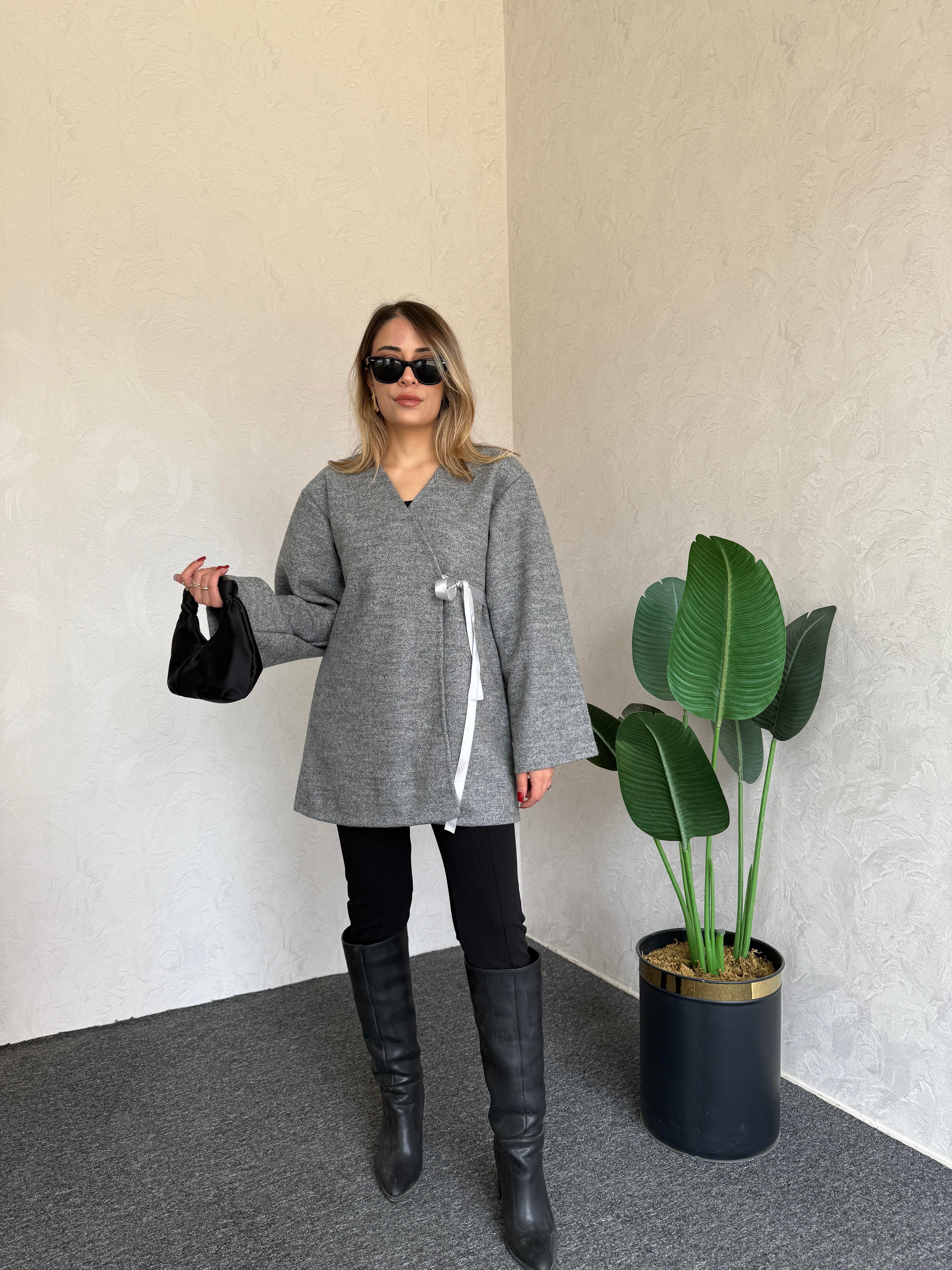 Kruvaze Buklet Ceket Gri - 1077