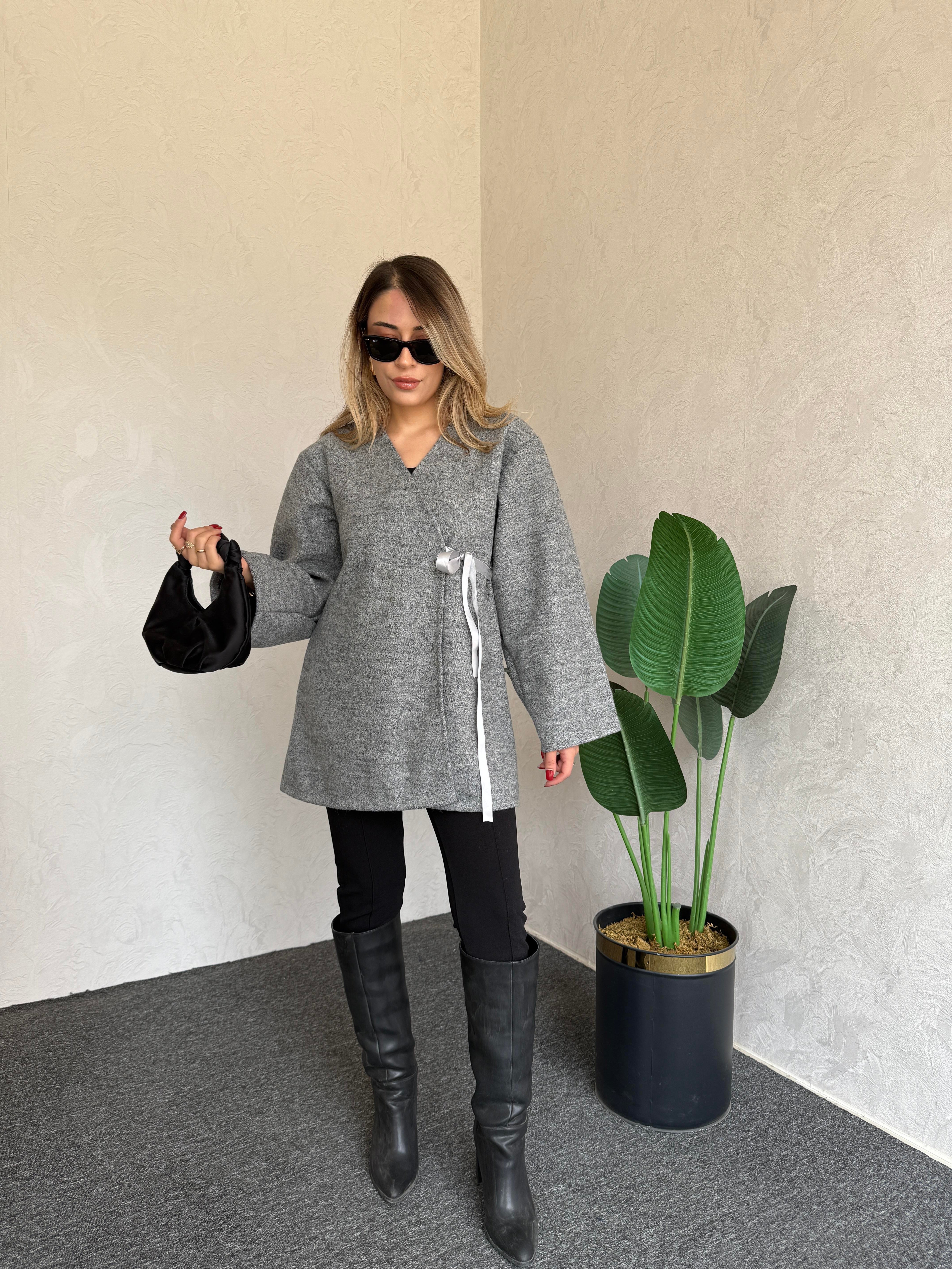 Kruvaze Buklet Ceket Gri - 1077