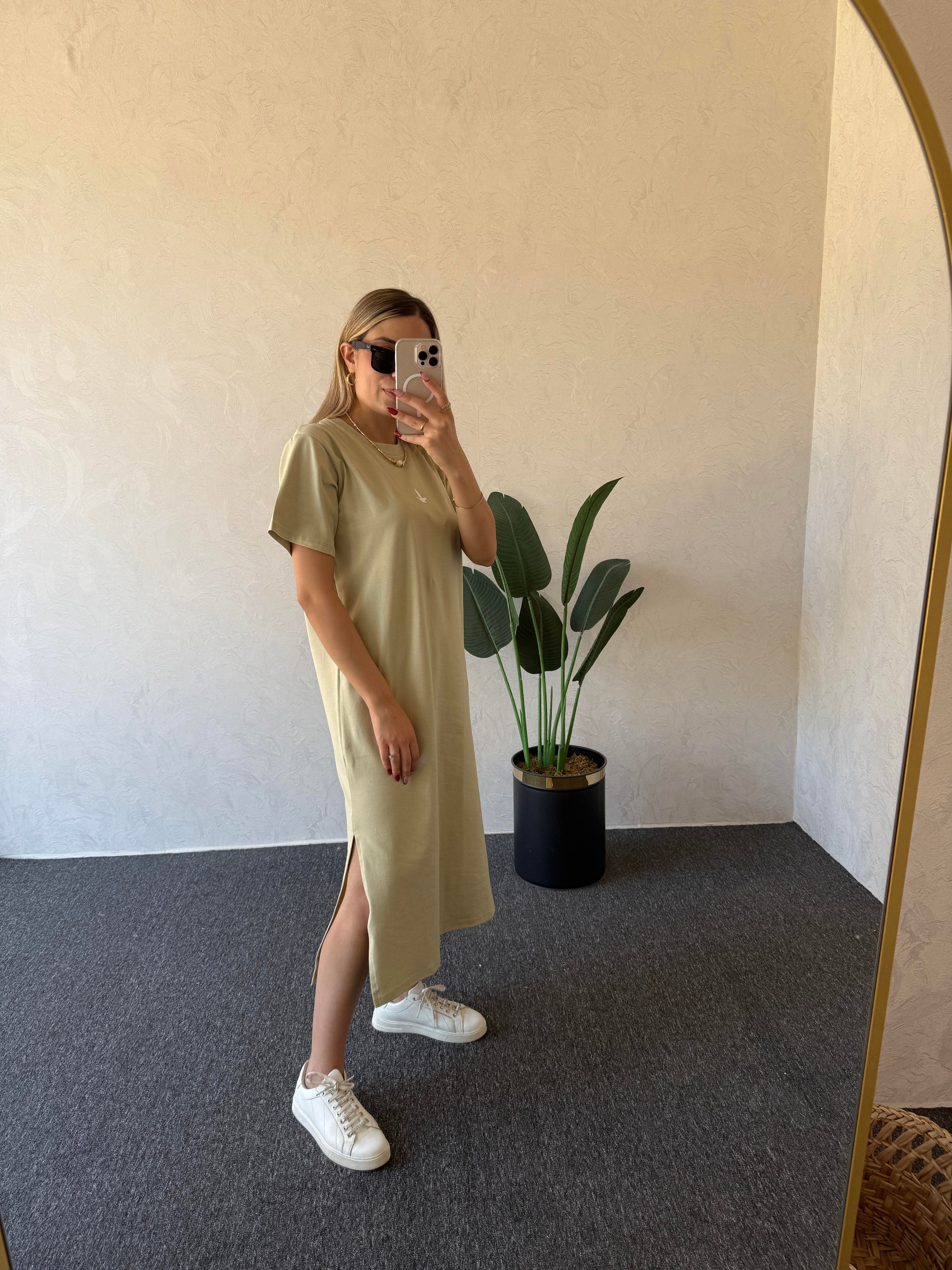 Kuşlu Basic Elbise Yeşil - 1053
