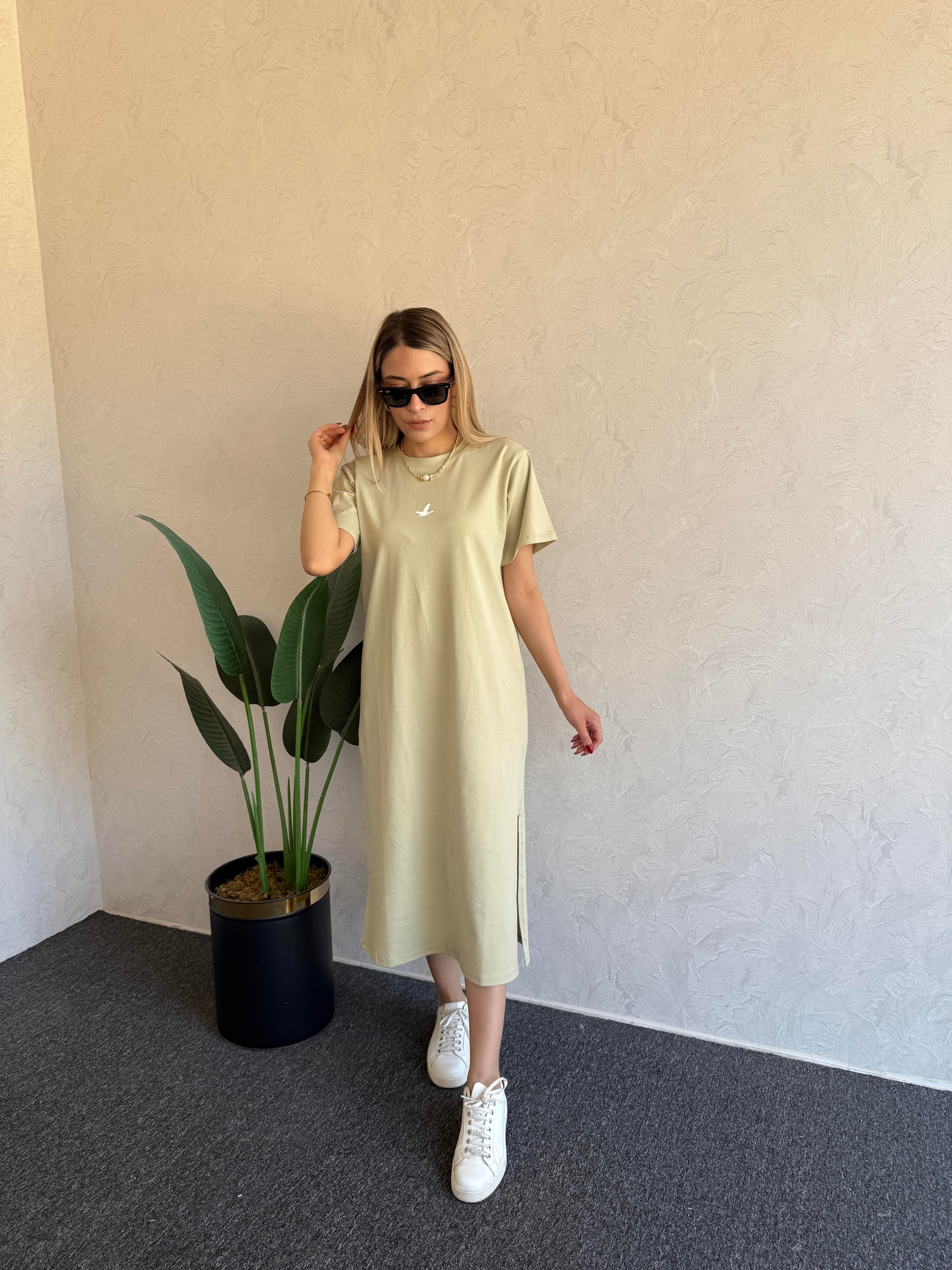 Kuşlu Basic Elbise Yeşil - 1053