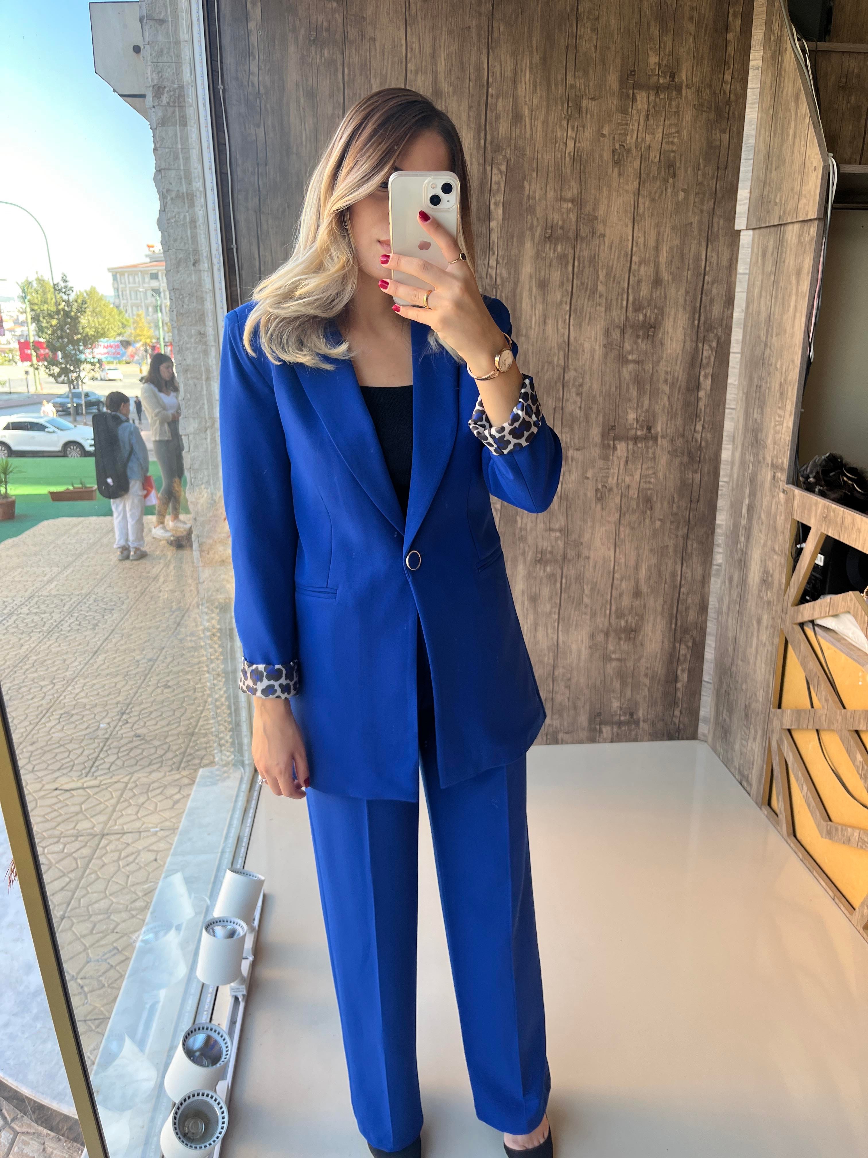 Leopar Astarlı Takım Saks Mavi