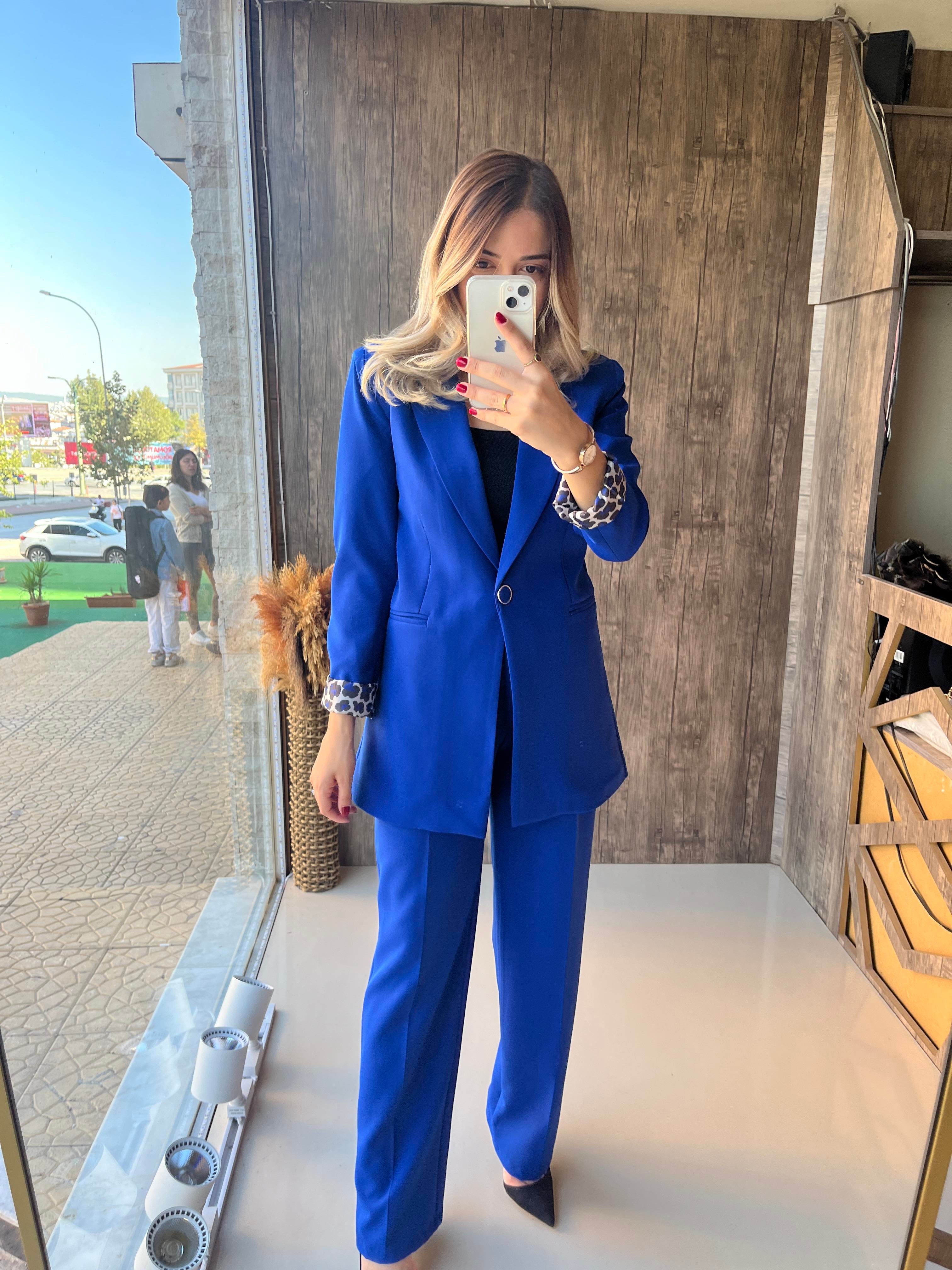 Leopar Astarlı Takım Saks Mavi